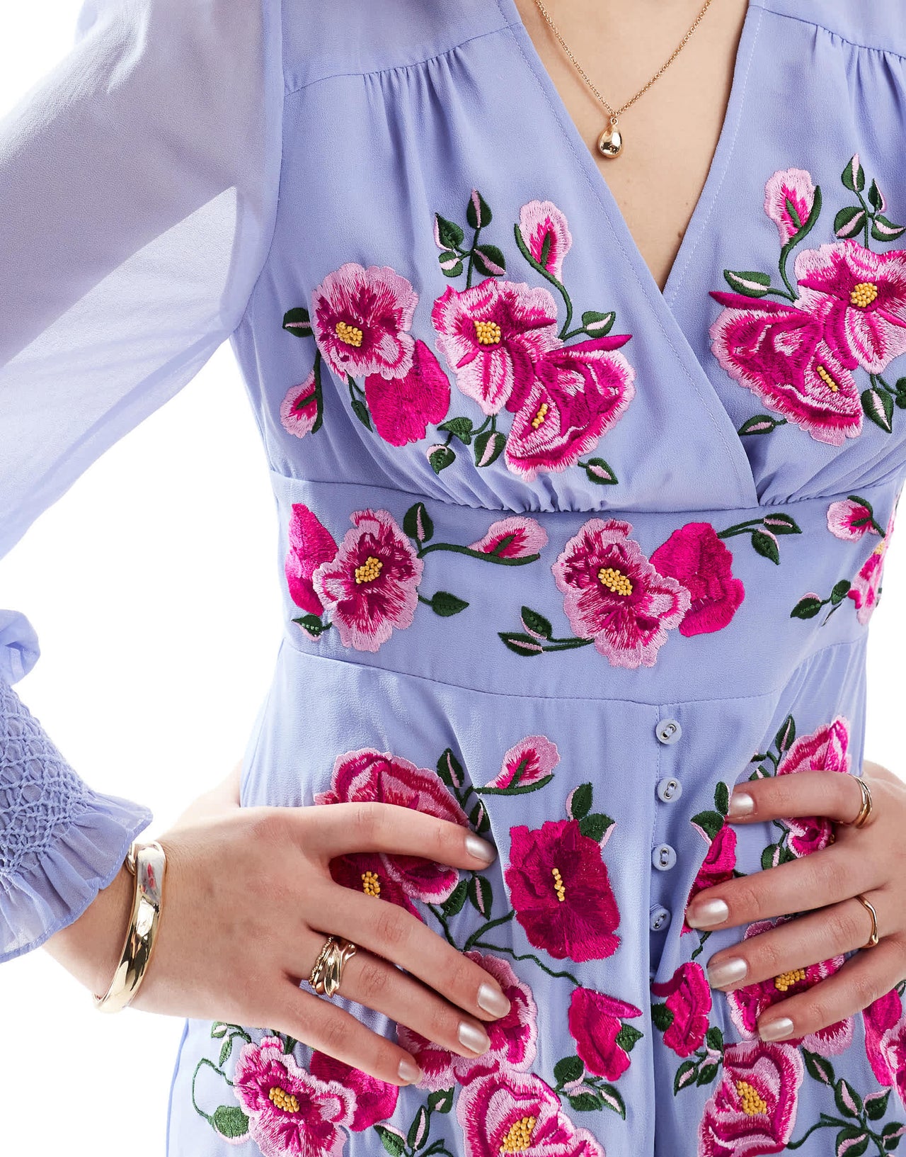 Hope & Ivy embroidered long sleeve button front midi dress in lilac