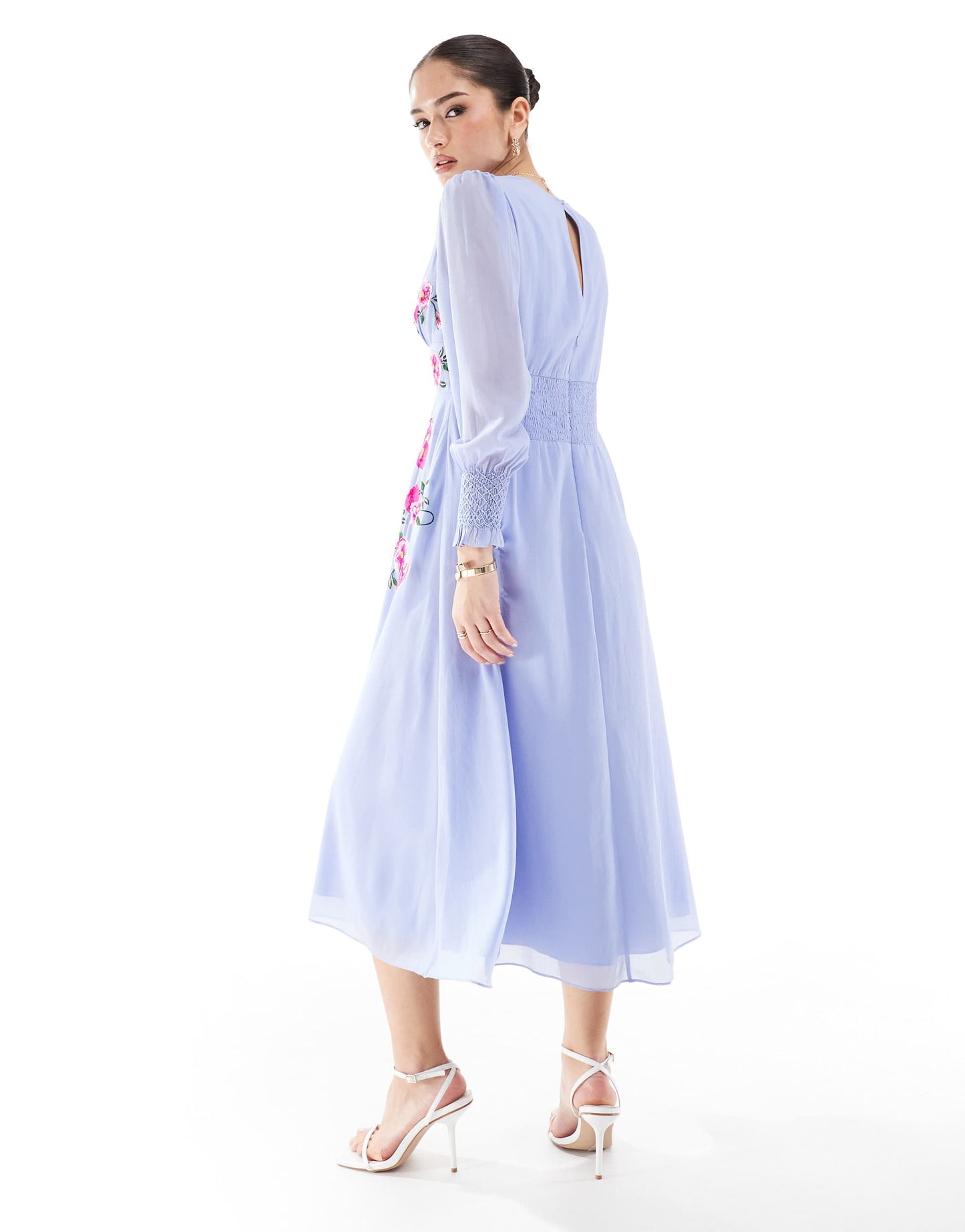 Hope & Ivy embroidered long sleeve button front midi dress in lilac