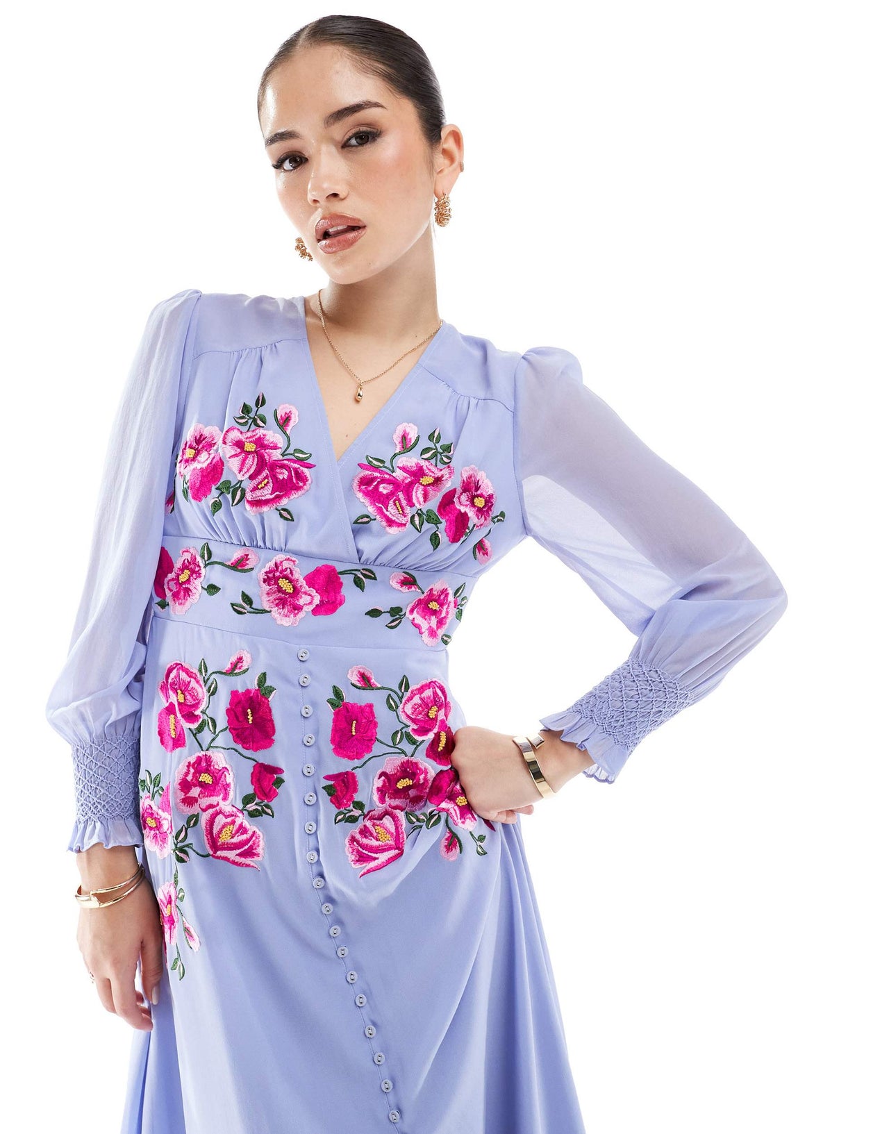 Hope & Ivy embroidered long sleeve button front midi dress in lilac