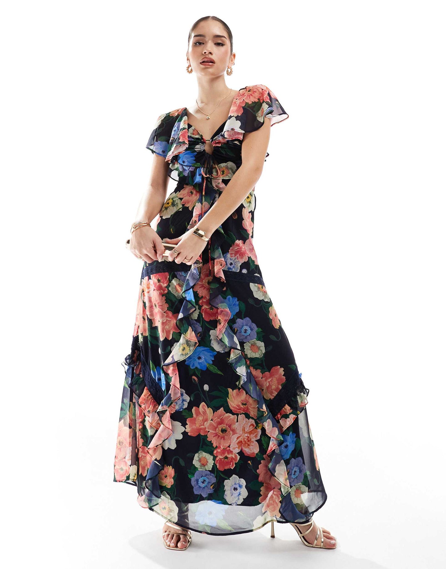 Hope & Ivy frill maxi dress with lace trims and keyhole detail in navy floral