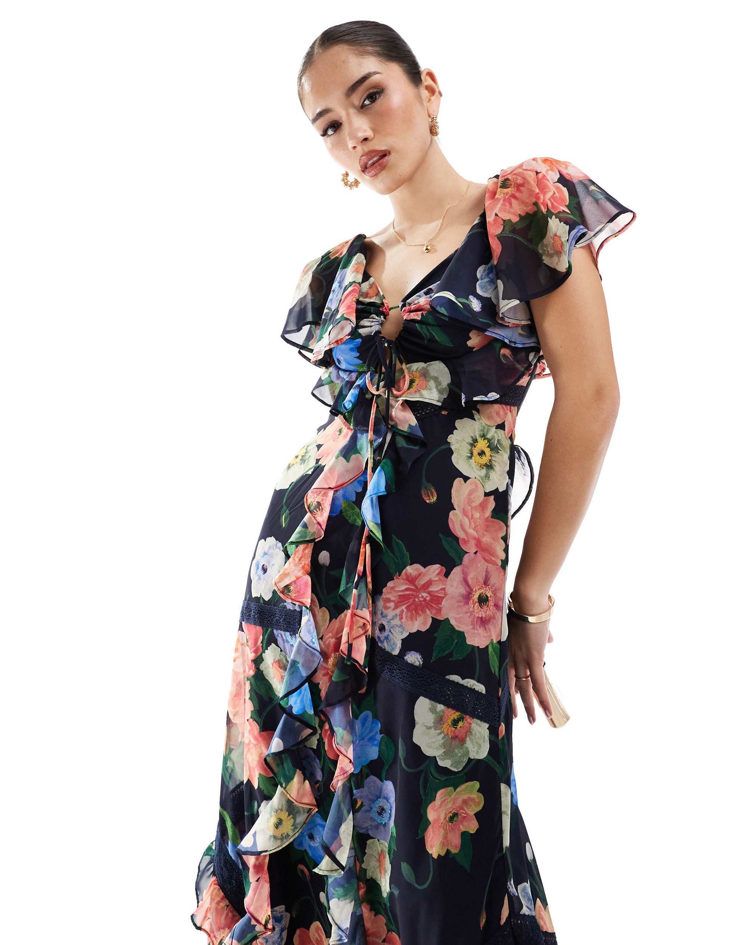 Hope & Ivy frill maxi dress with lace trims and keyhole detail in navy floral