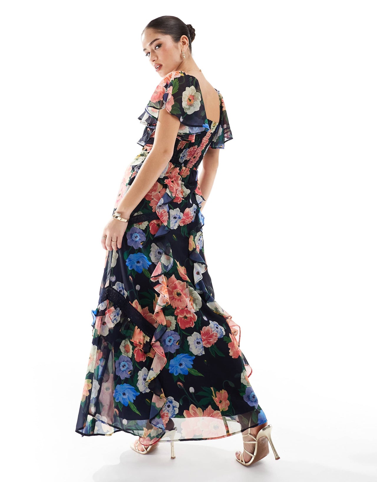 Hope & Ivy frill maxi dress with lace trims and keyhole detail in navy floral