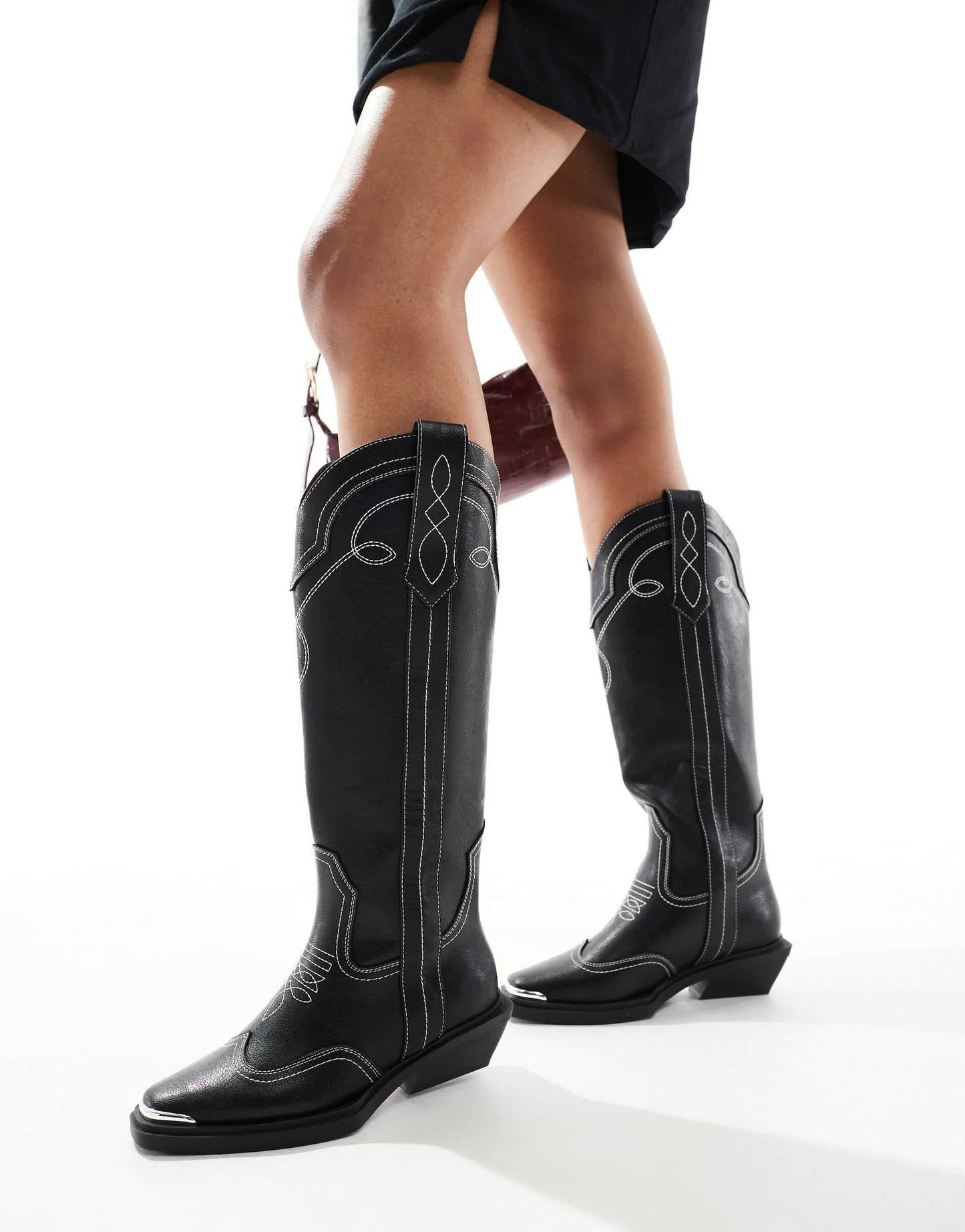 ASOS DESIGN Celeste flat western knee boots in black with stitching