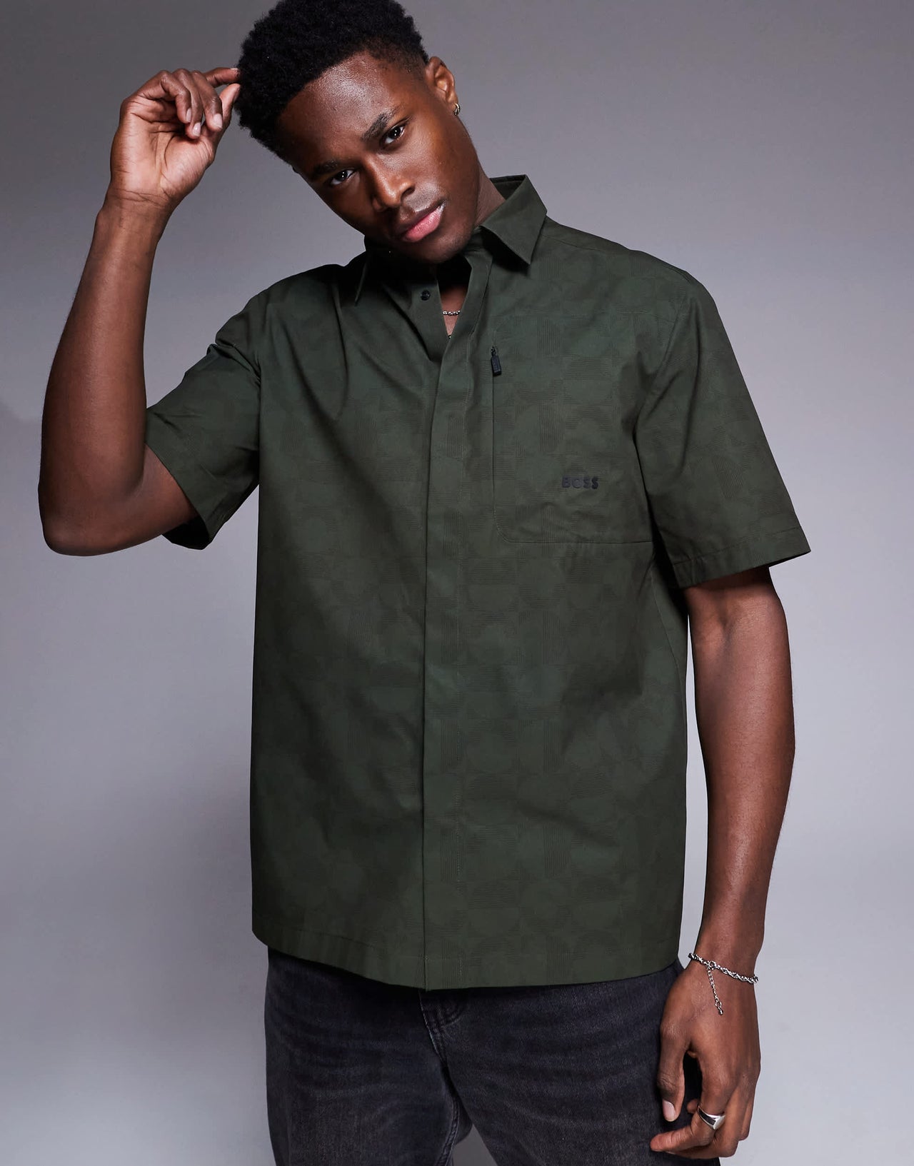 BOSS Green Bechno all over print tech short sleeve shirt relaxed fit in dark green