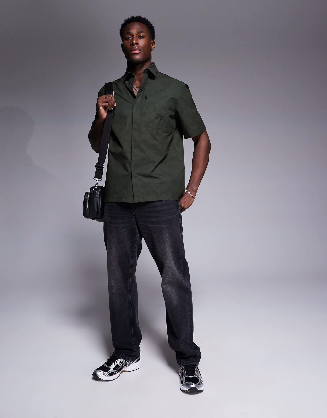 BOSS Green Bechno all over print tech short sleeve shirt relaxed fit in dark green