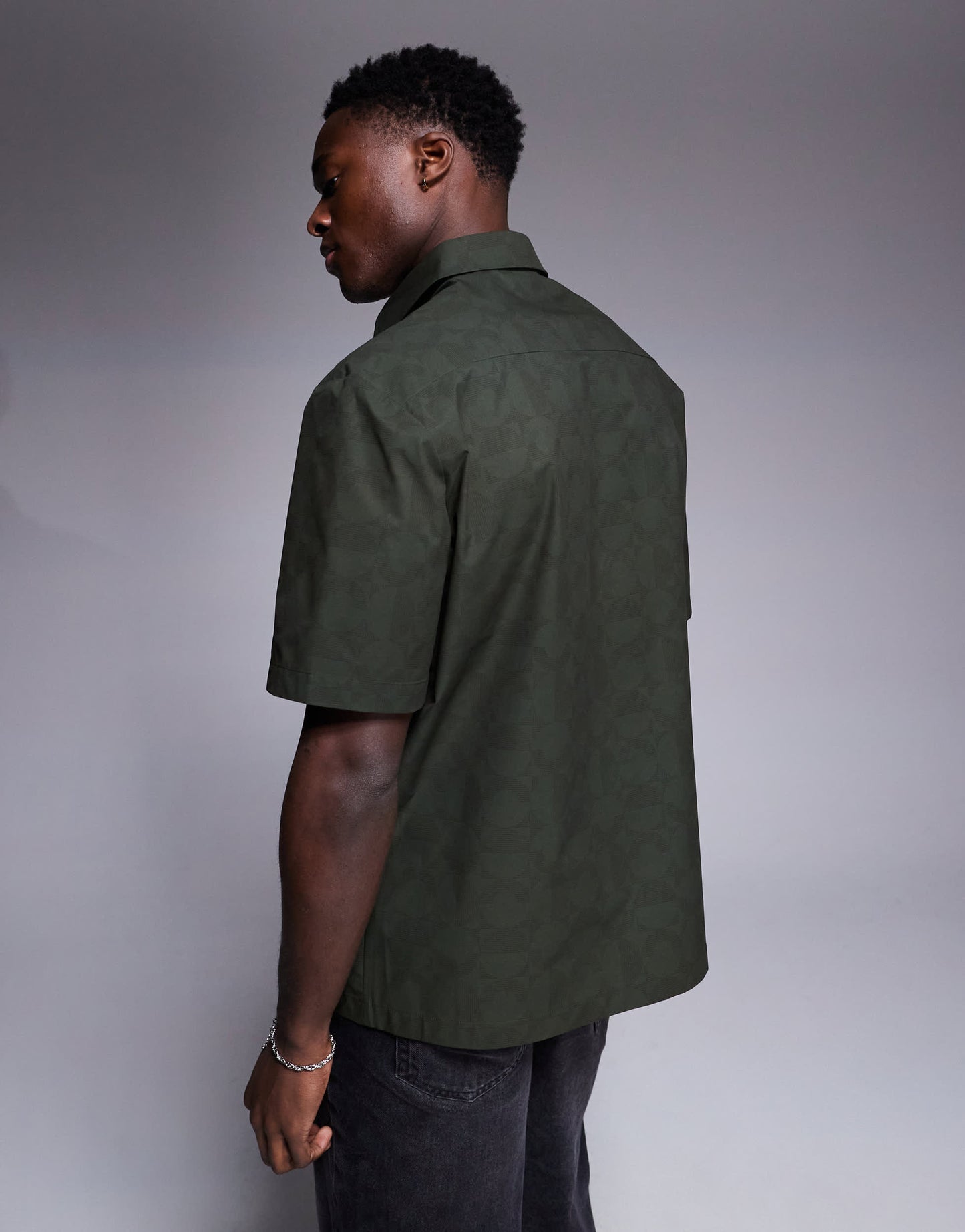 BOSS Green Bechno all over print tech short sleeve shirt relaxed fit in dark green