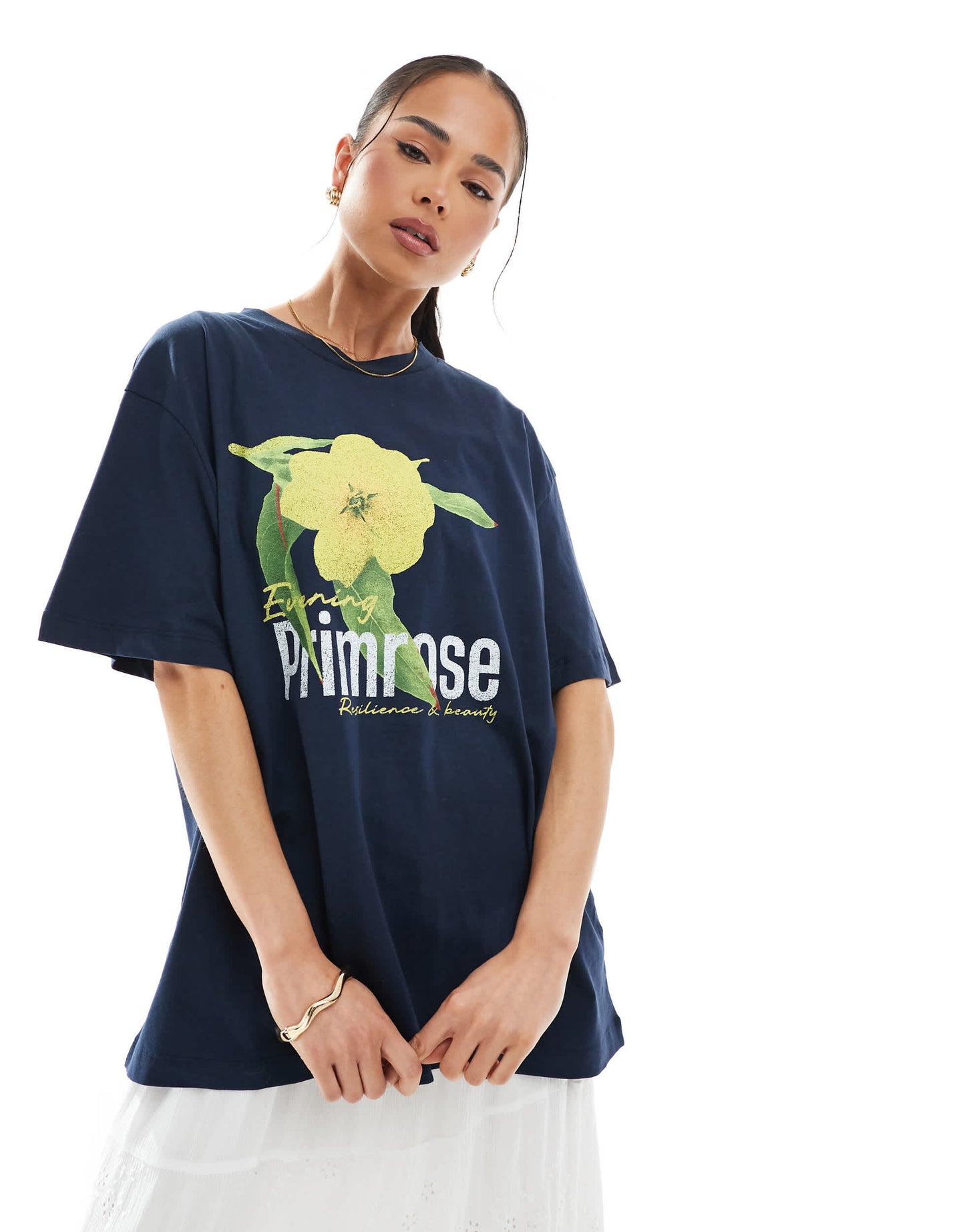 ASOS DESIGN oversized t-shirt primrose flower graphic t-shirt in navy