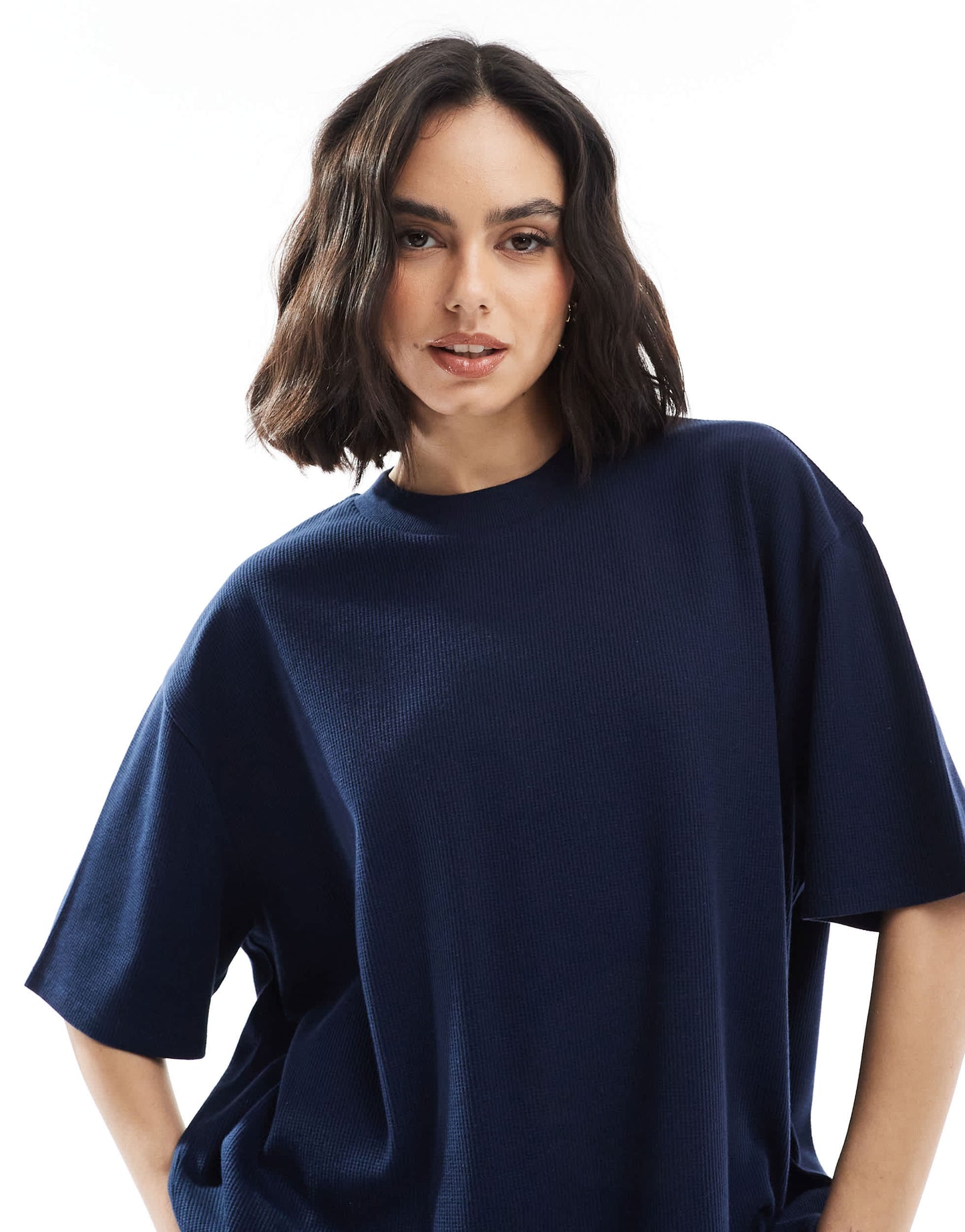 ASOS DESIGN oversized heavy weight t-shirt with side splits in waffle in navy