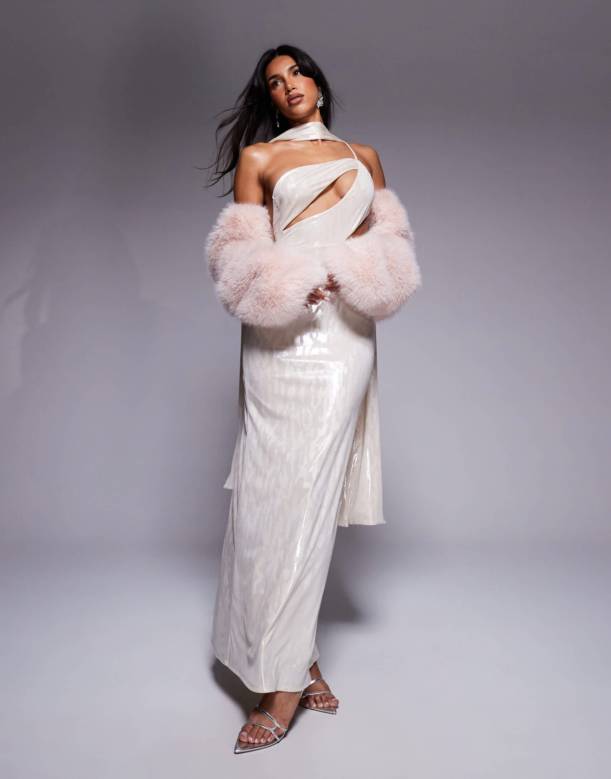 ASOS DESIGN metallic asymmetric slash neck maxi dress with neck tie sash in gold