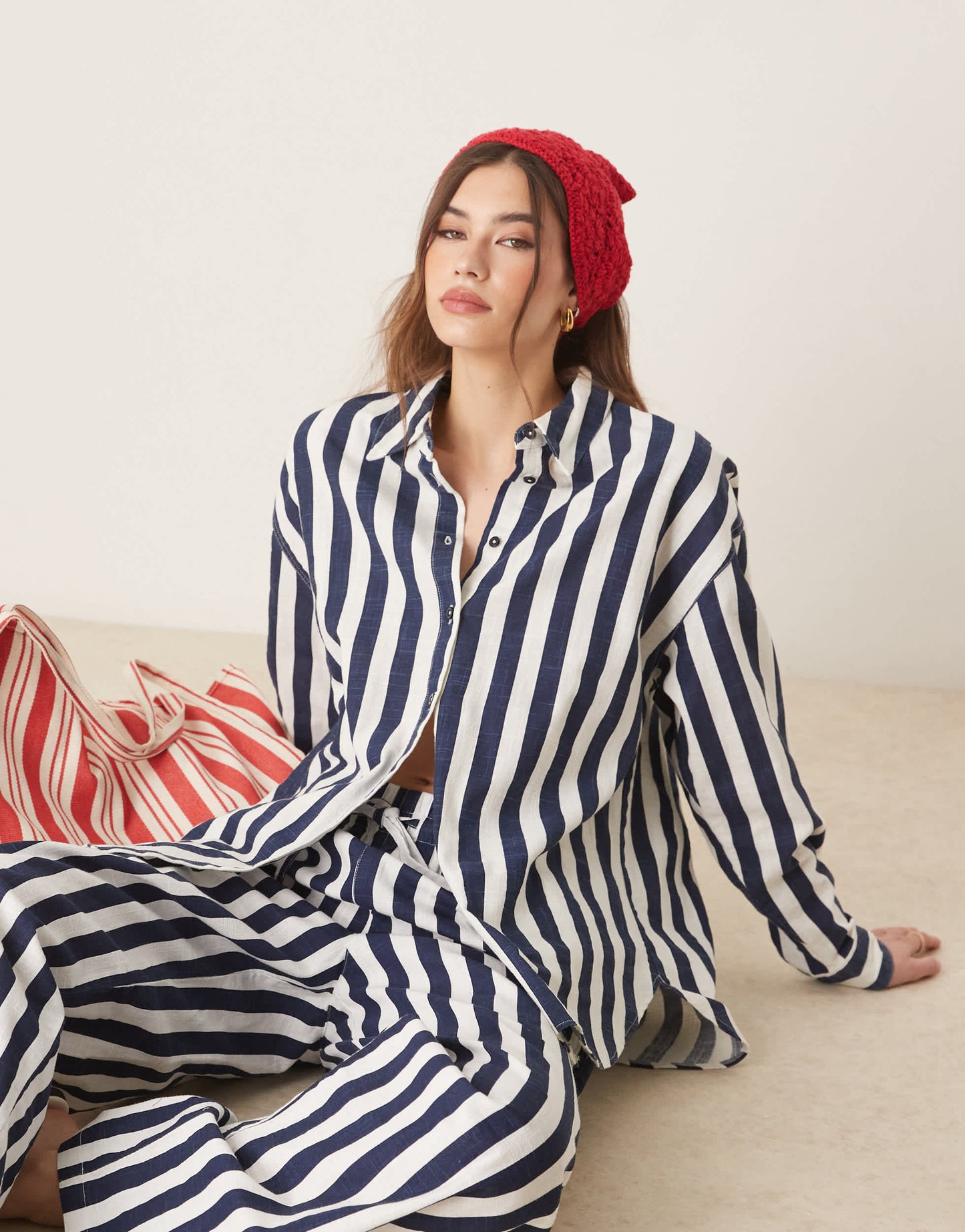 ASOS DESIGN oversized linen look shirt co-ord in navy stripe