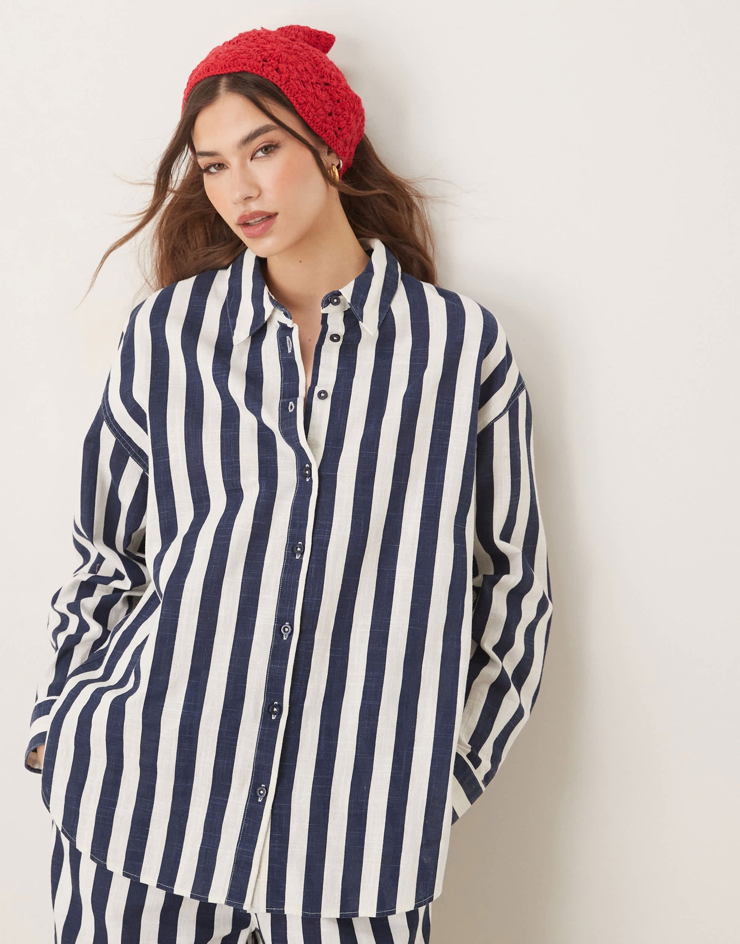 ASOS DESIGN oversized linen look shirt co-ord in navy stripe