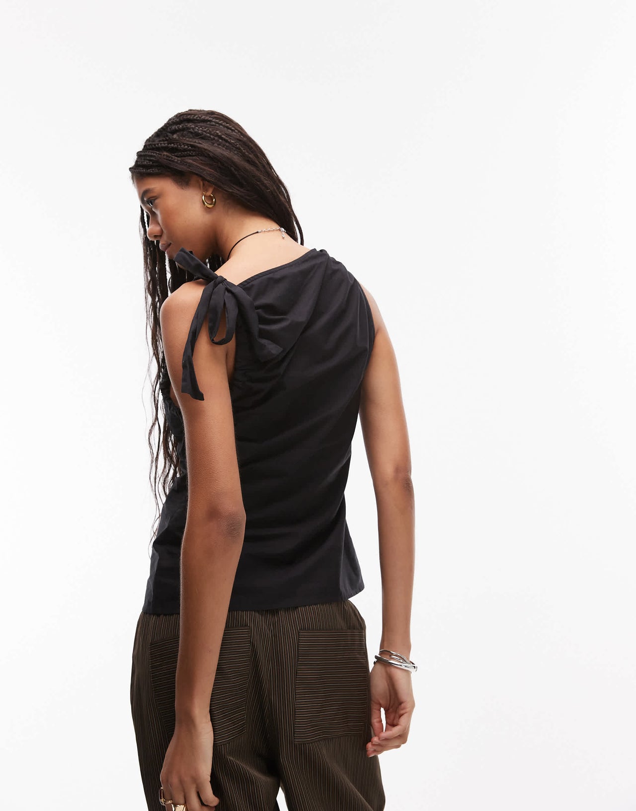 Topshop poplin ruch shoulder sleeveless top in black