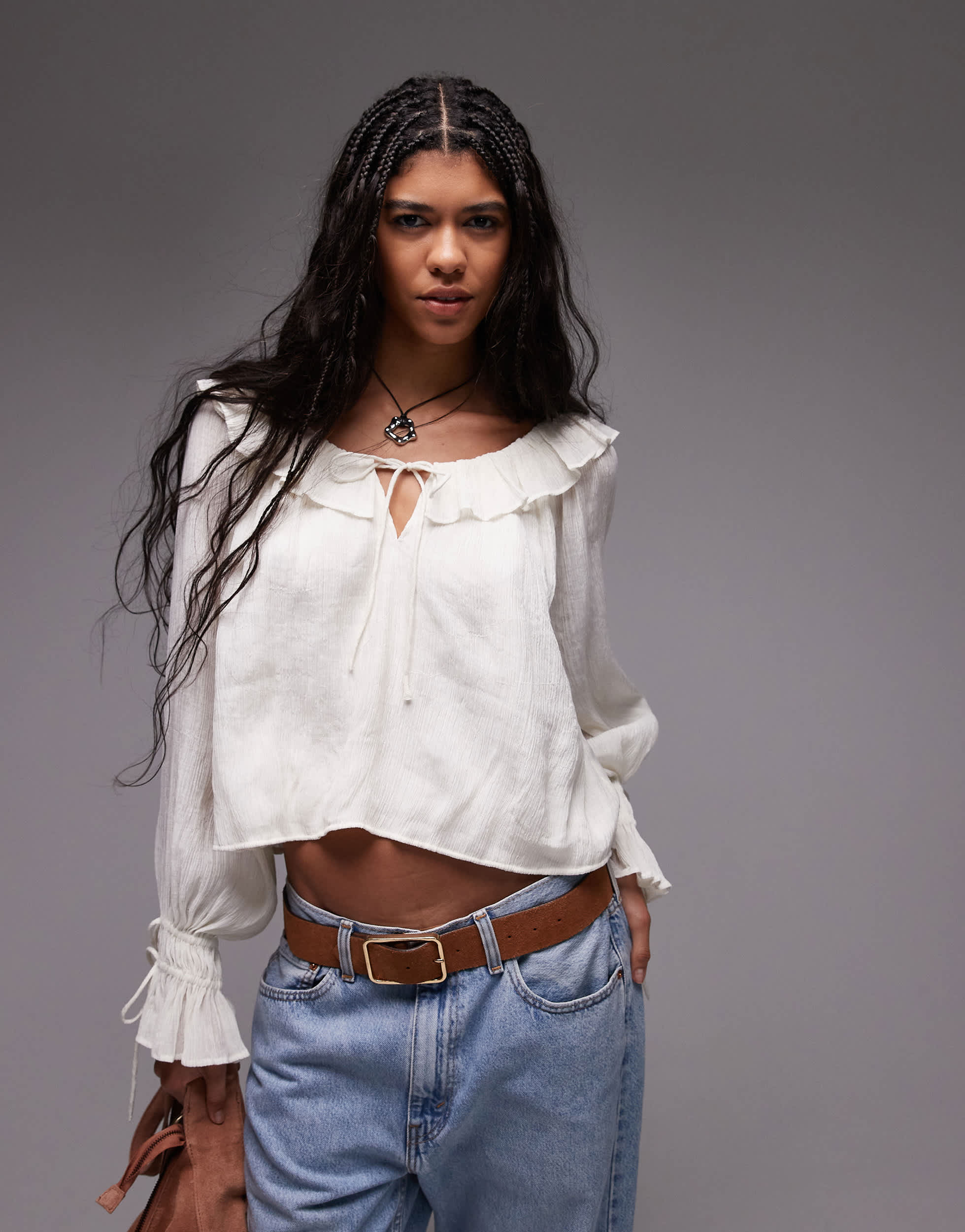 Topshop ruffle neck femme top in ivory