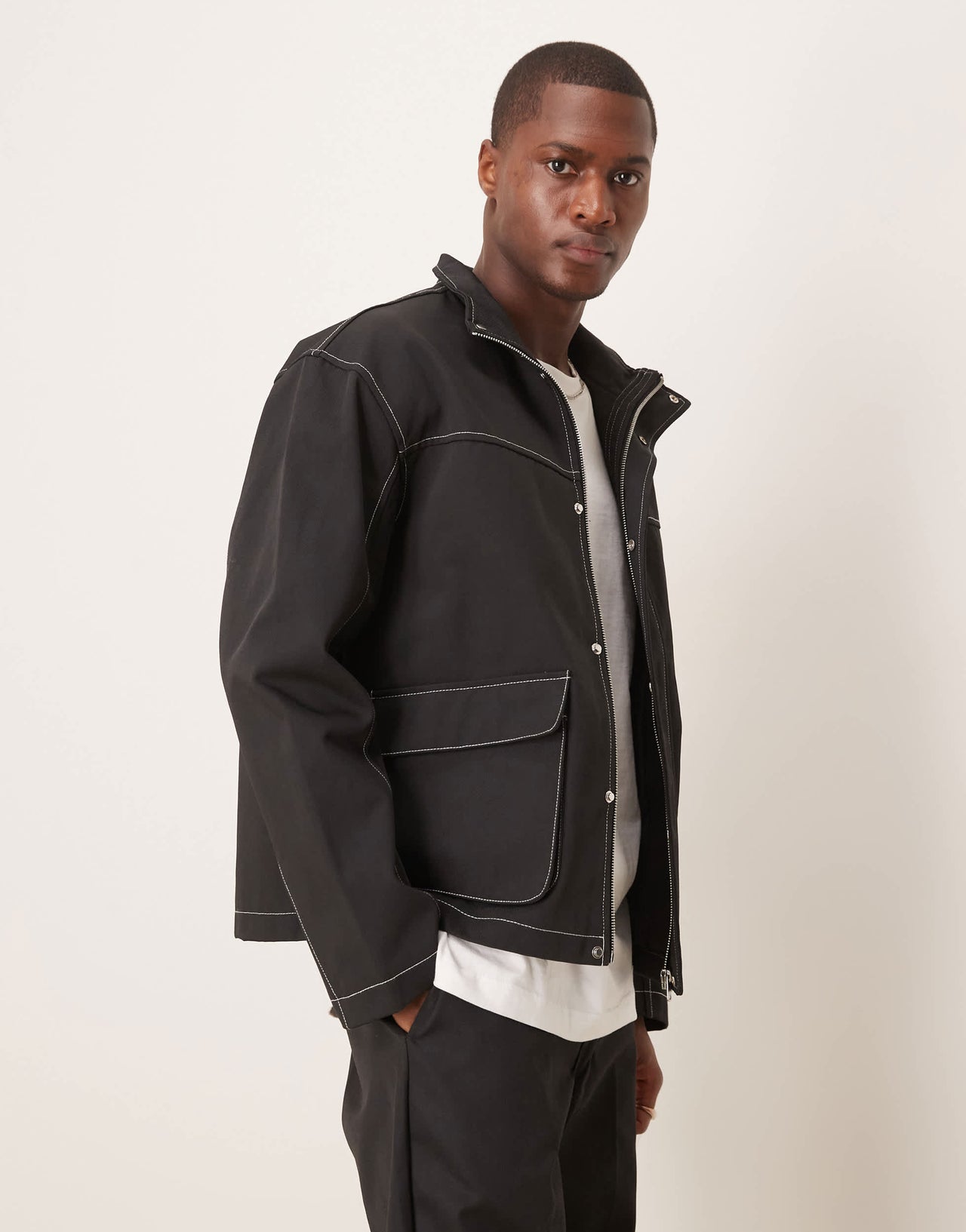 ASOS DESIGN harrington jacket with contrast stitch in black - NAVY