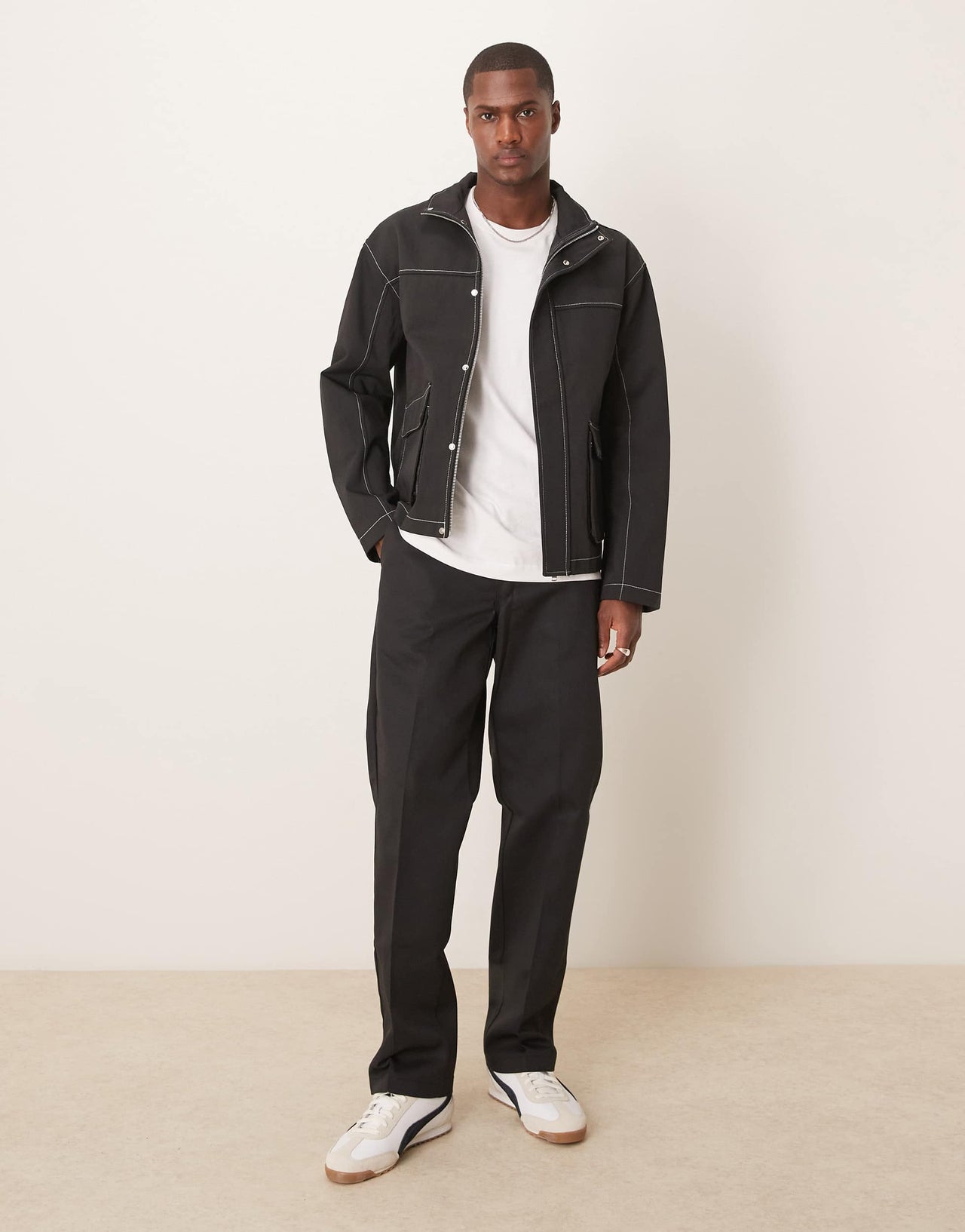 ASOS DESIGN harrington jacket with contrast stitch in black - NAVY