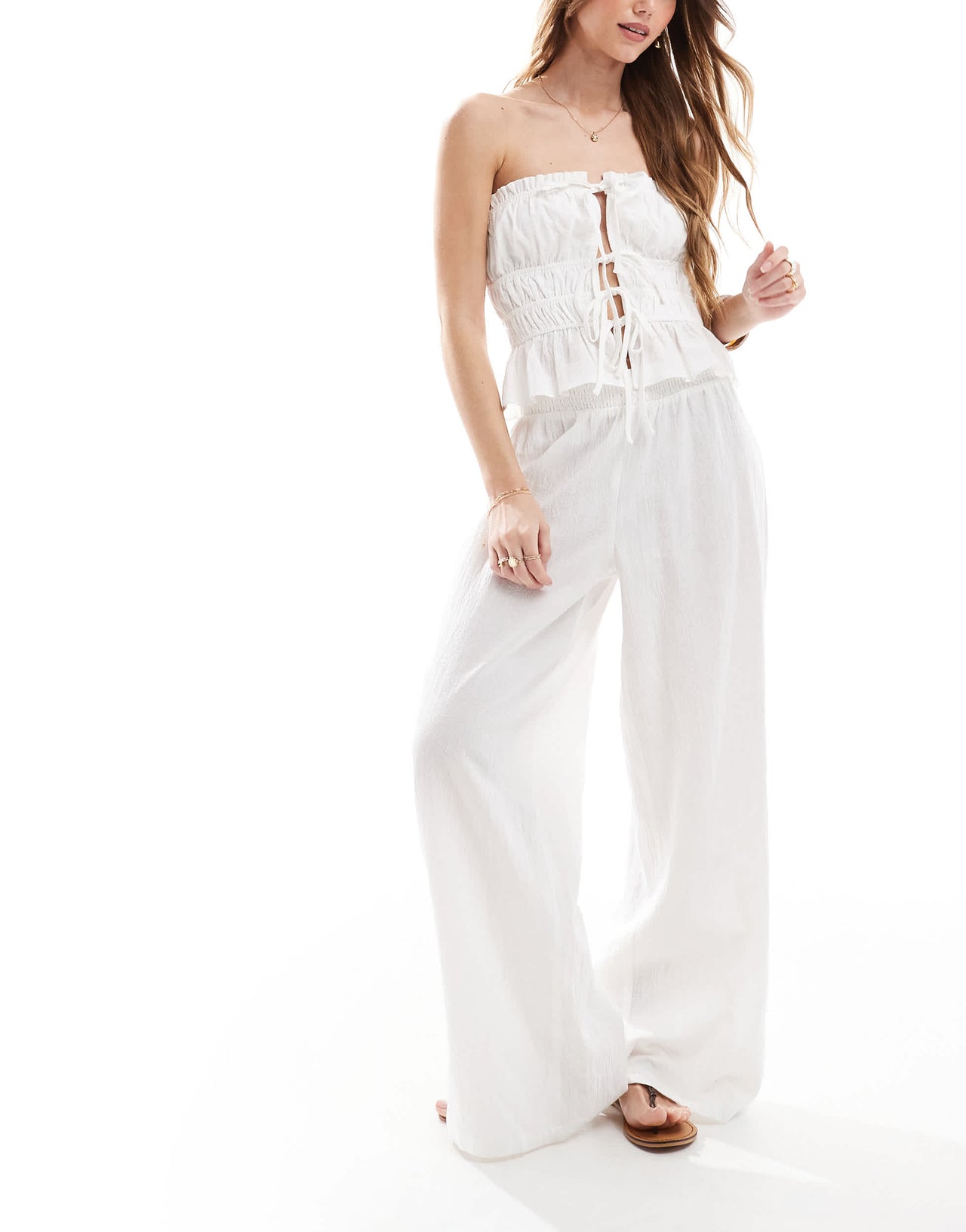 The Frolic exclusive linen blend wide leg shirred waist beach trouser co-ord in white