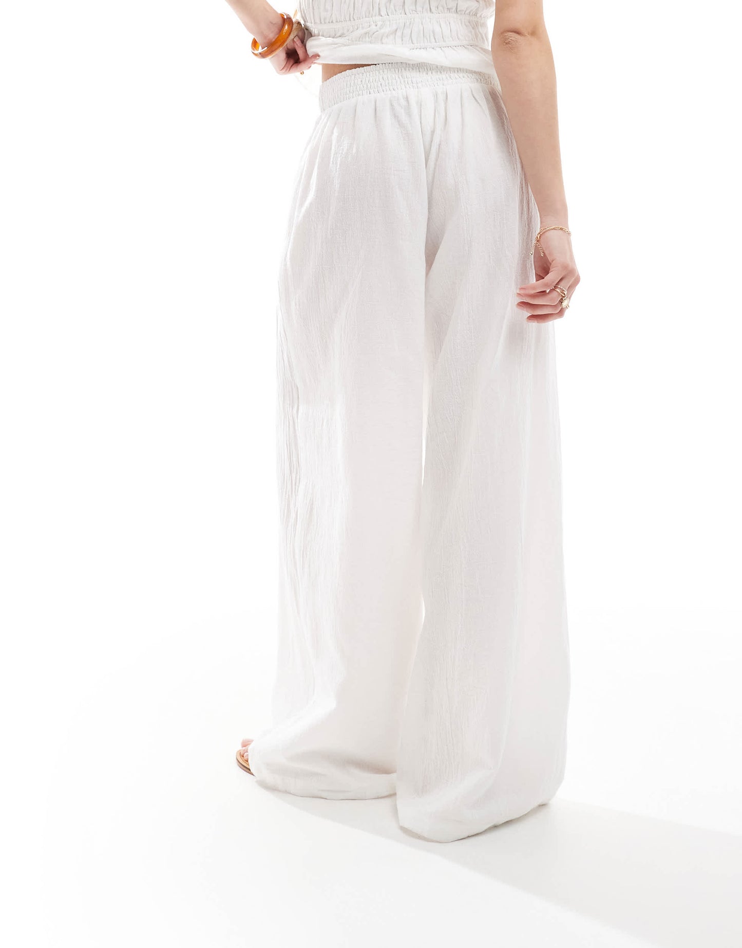 The Frolic exclusive linen blend wide leg shirred waist beach trouser co-ord in white
