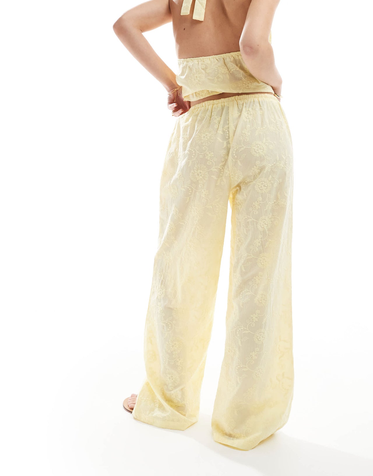 The Frolic exclusive straight leg tie waist embroidered beach trouser co-ord in lemon yellow