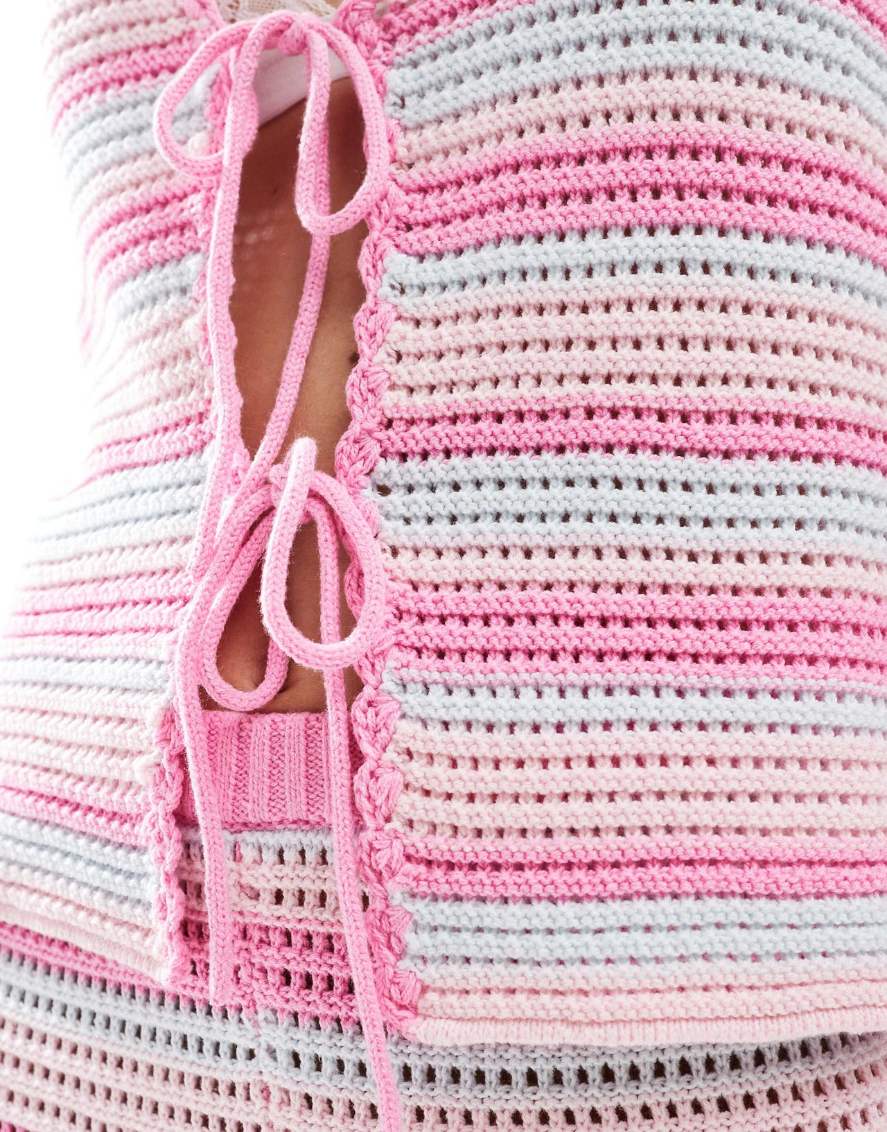 The Frolic exclusive beach crochet stripe waistcoat co-ord in pink and blue