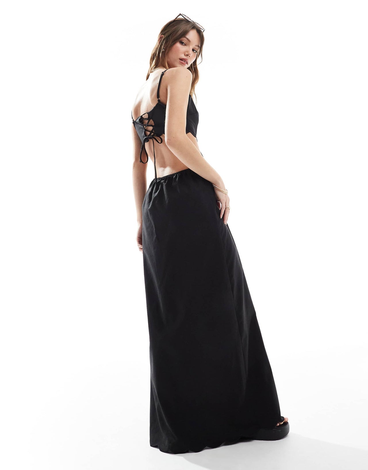 The Frolic exclusive scallop edge lace up open back maxi dress in black