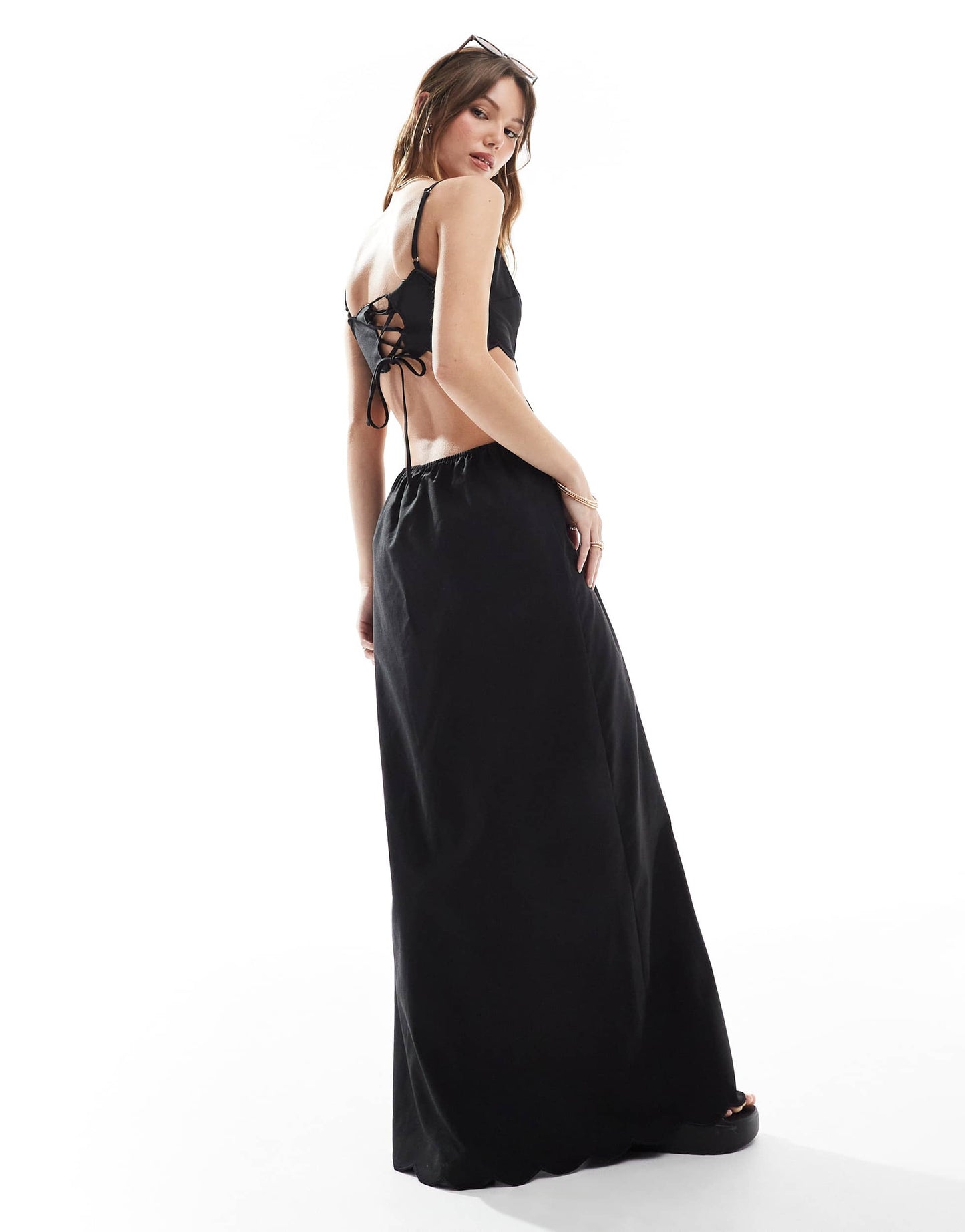 The Frolic exclusive scallop edge lace up open back maxi dress in black