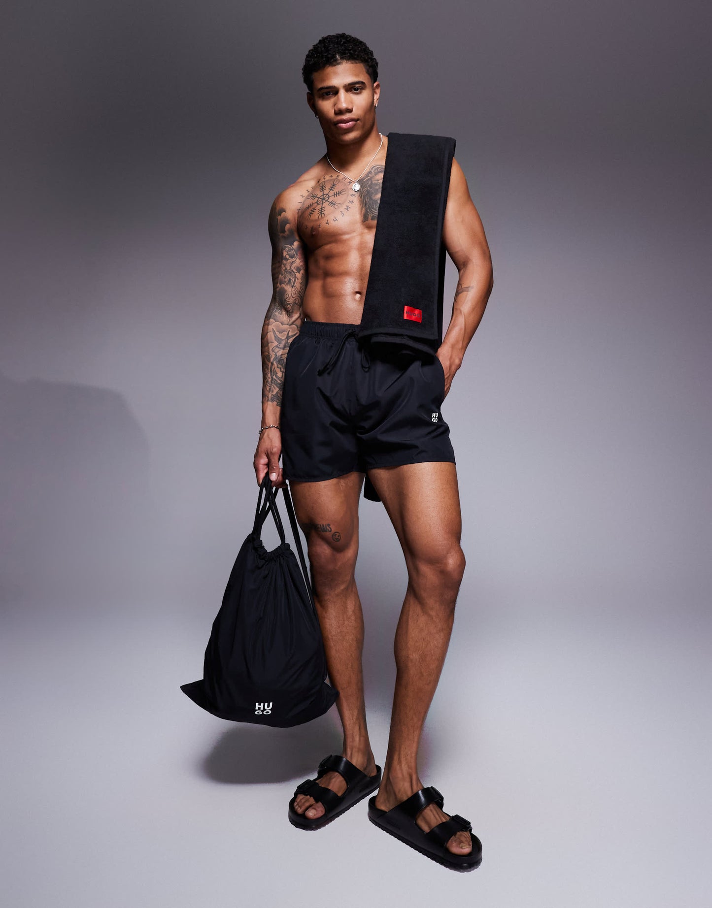 HUGO RED Cruise logo towel/swim shorts and bag set in black