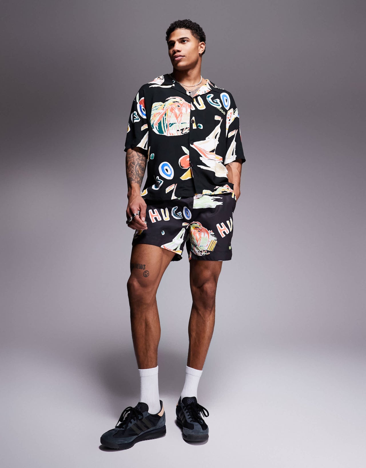 Hugo Red Calala logo leaf print swim shorts in black CO-ORD