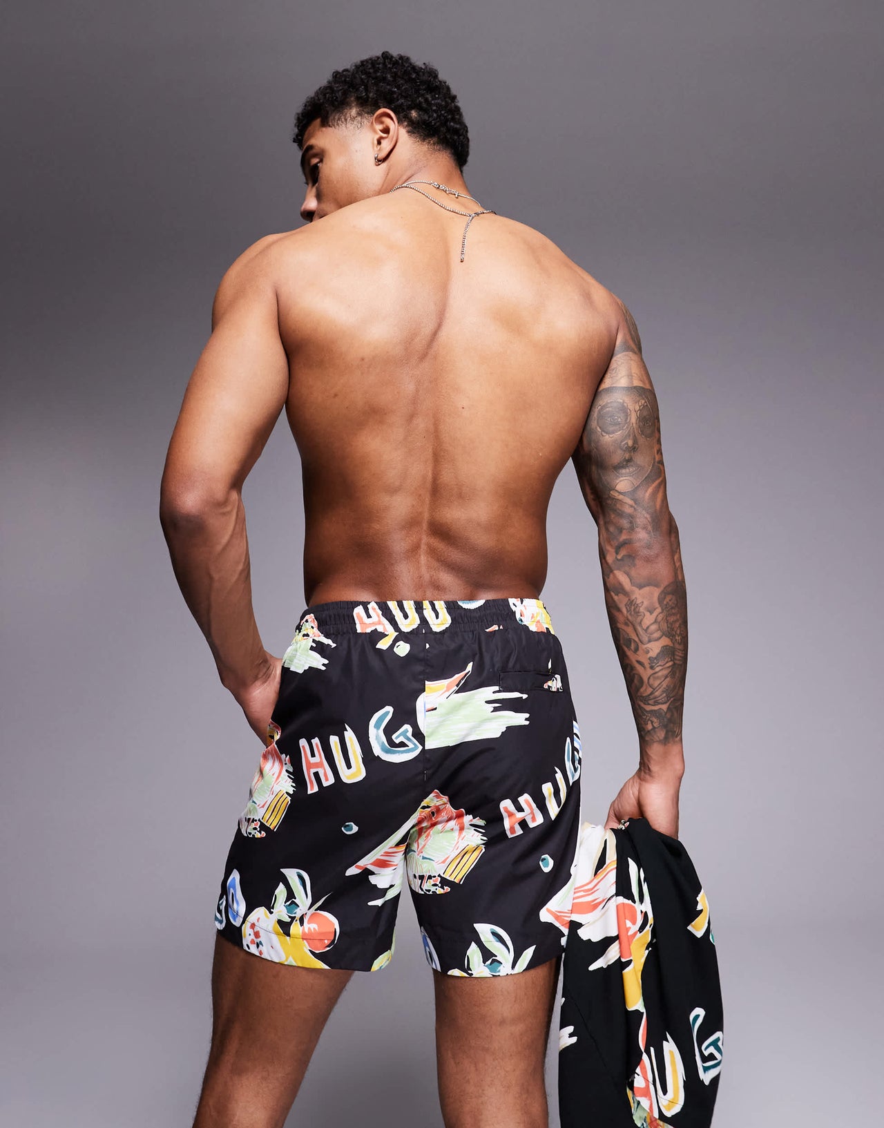 Hugo Red Calala logo leaf print swim shorts in black CO-ORD