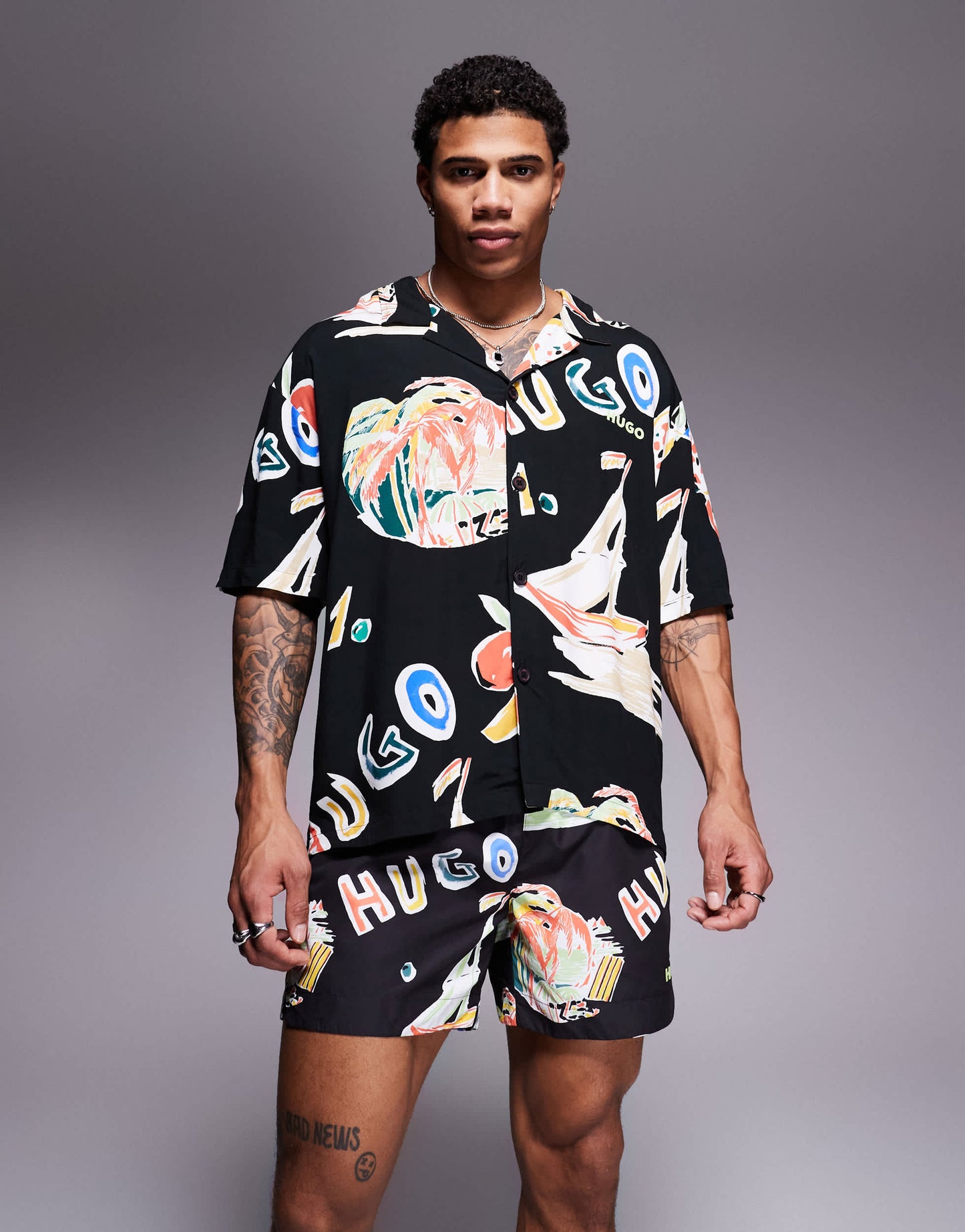 Hugo Red Calala logo leaf print swim shorts in black CO-ORD