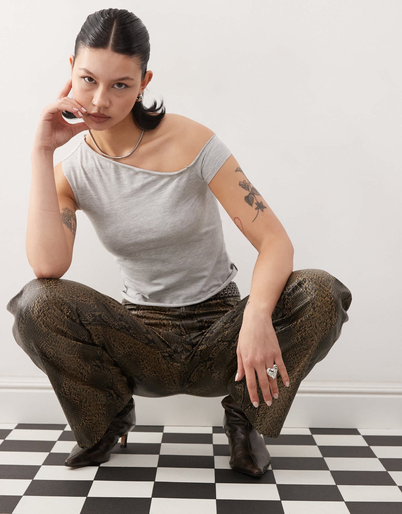 COLLUSION off shoulder short sleeve top in grey marl