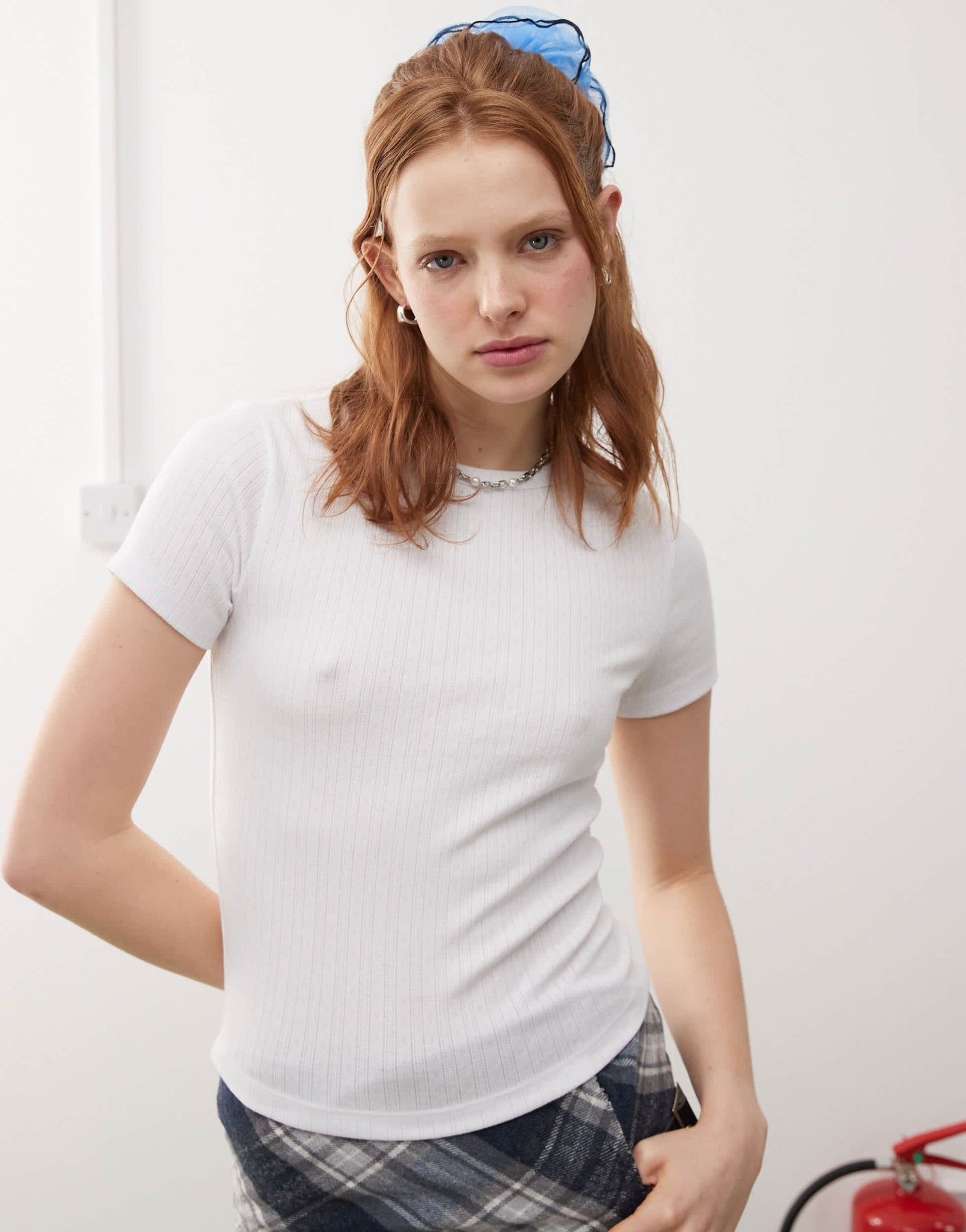 COLLUSION pointelle fitted t-shirt in white