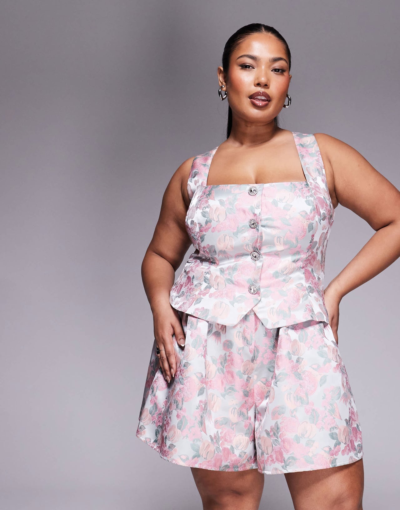 ASOS LUXE Curve jacquard playsuit with embellished buttons