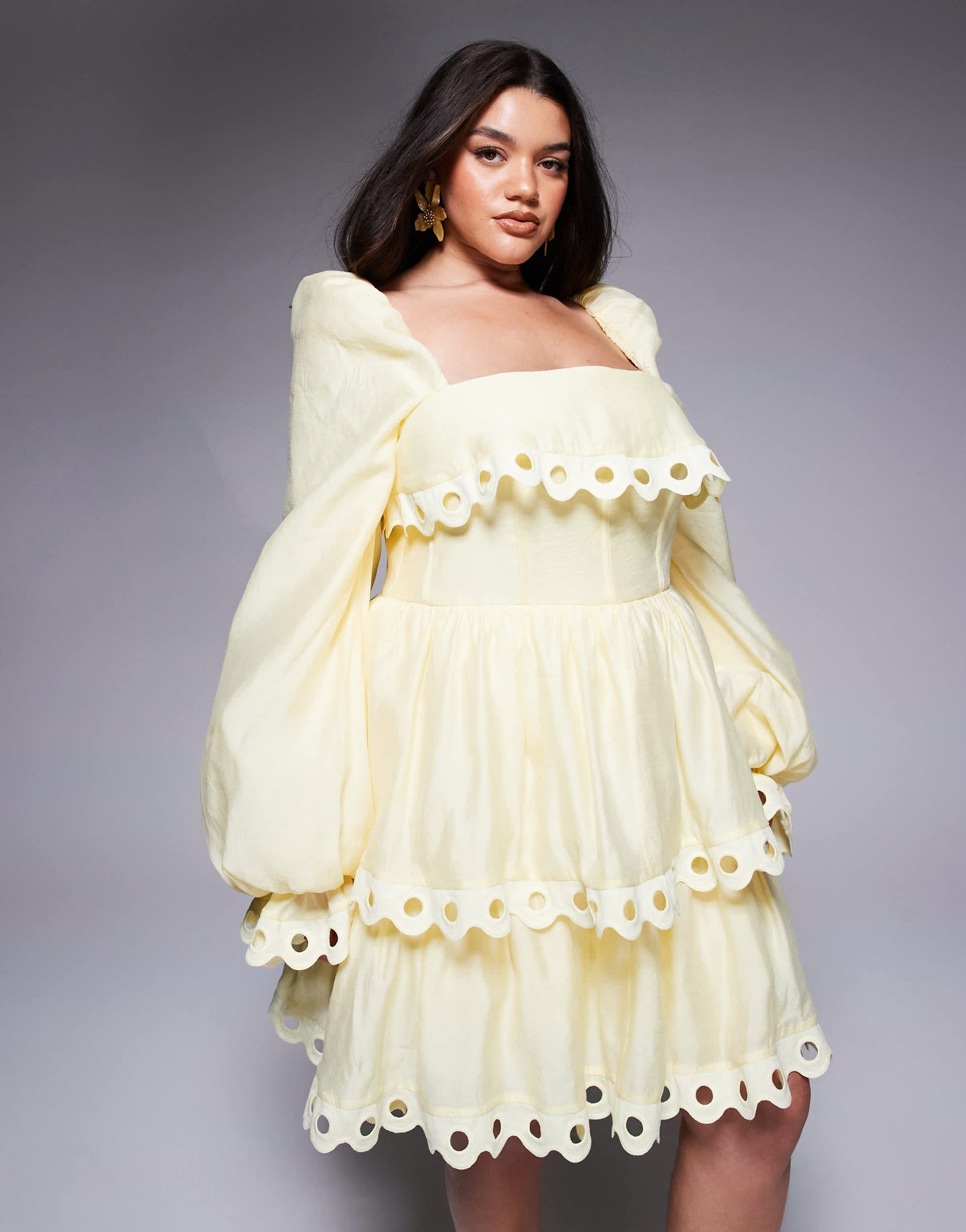 ASOS LUXE Curve tiered puff sleeve mini dress with cut out trim in buttermilk