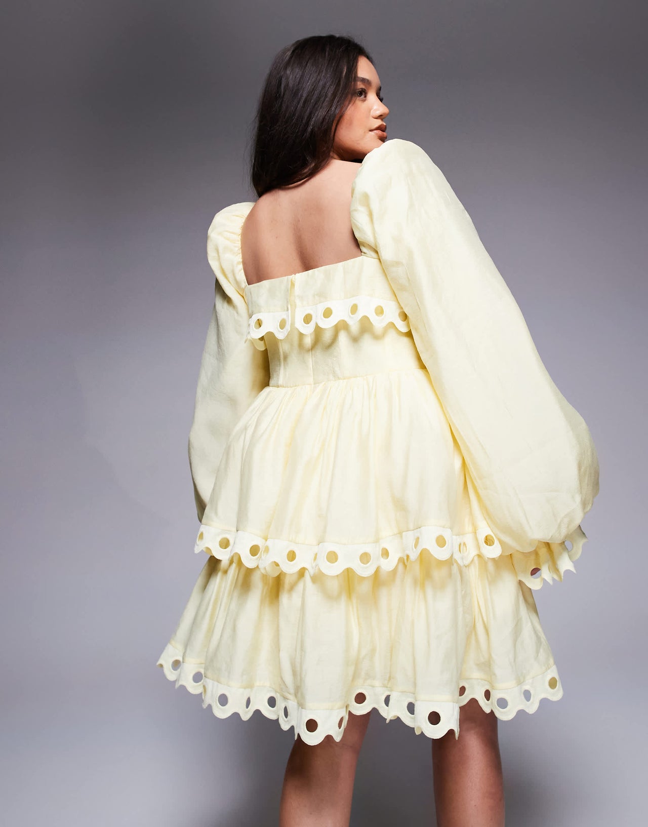 ASOS LUXE Curve tiered puff sleeve mini dress with cut out trim in buttermilk