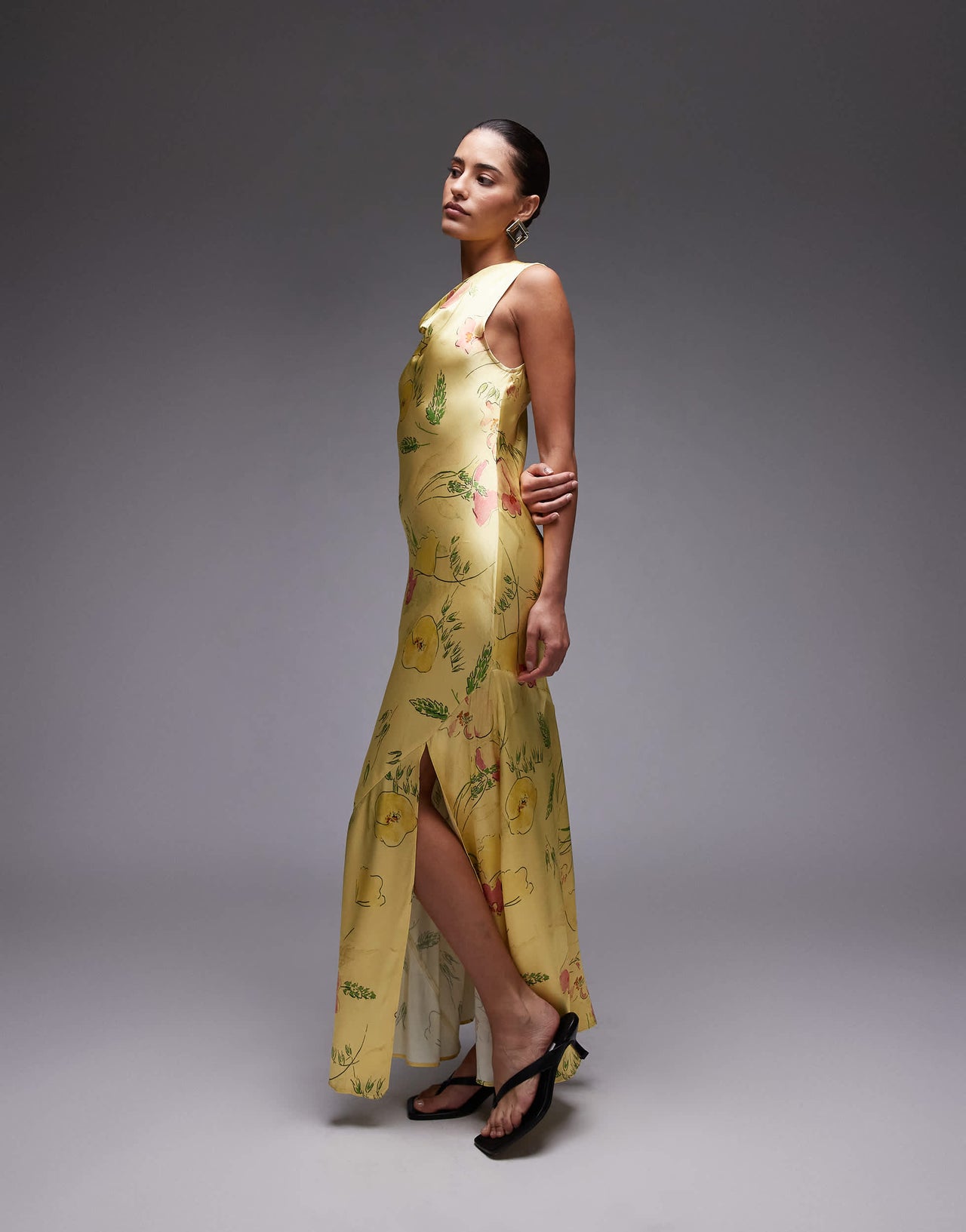 Topshop drape neck maxi dress in lime based floral