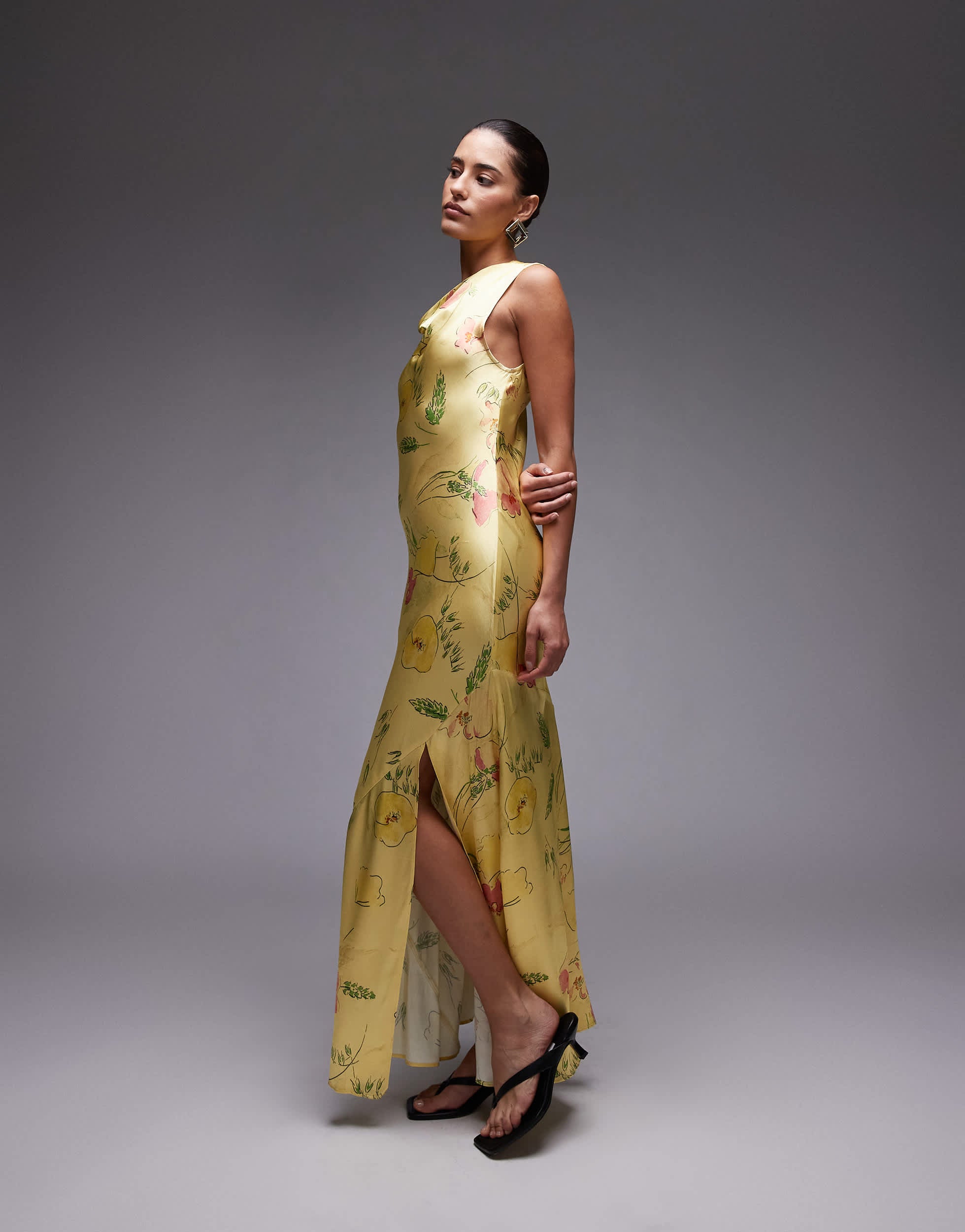 Topshop drape neck maxi dress in lime based floral