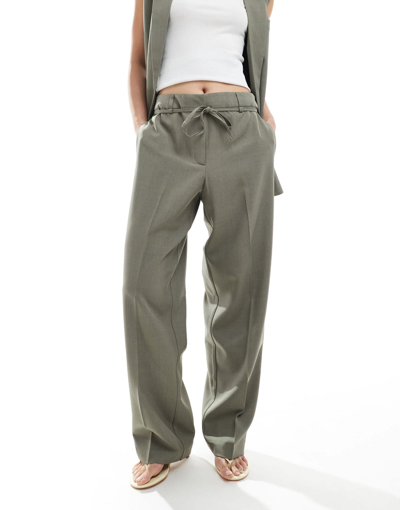 ONLY straight leg tailored trousers co-ord with string detail in sage grey