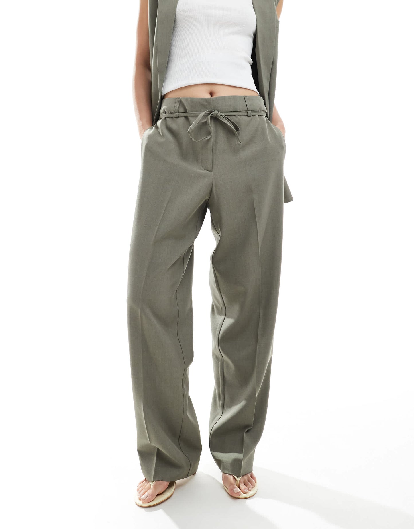 ONLY straight leg tailored trousers co-ord with string detail in sage grey