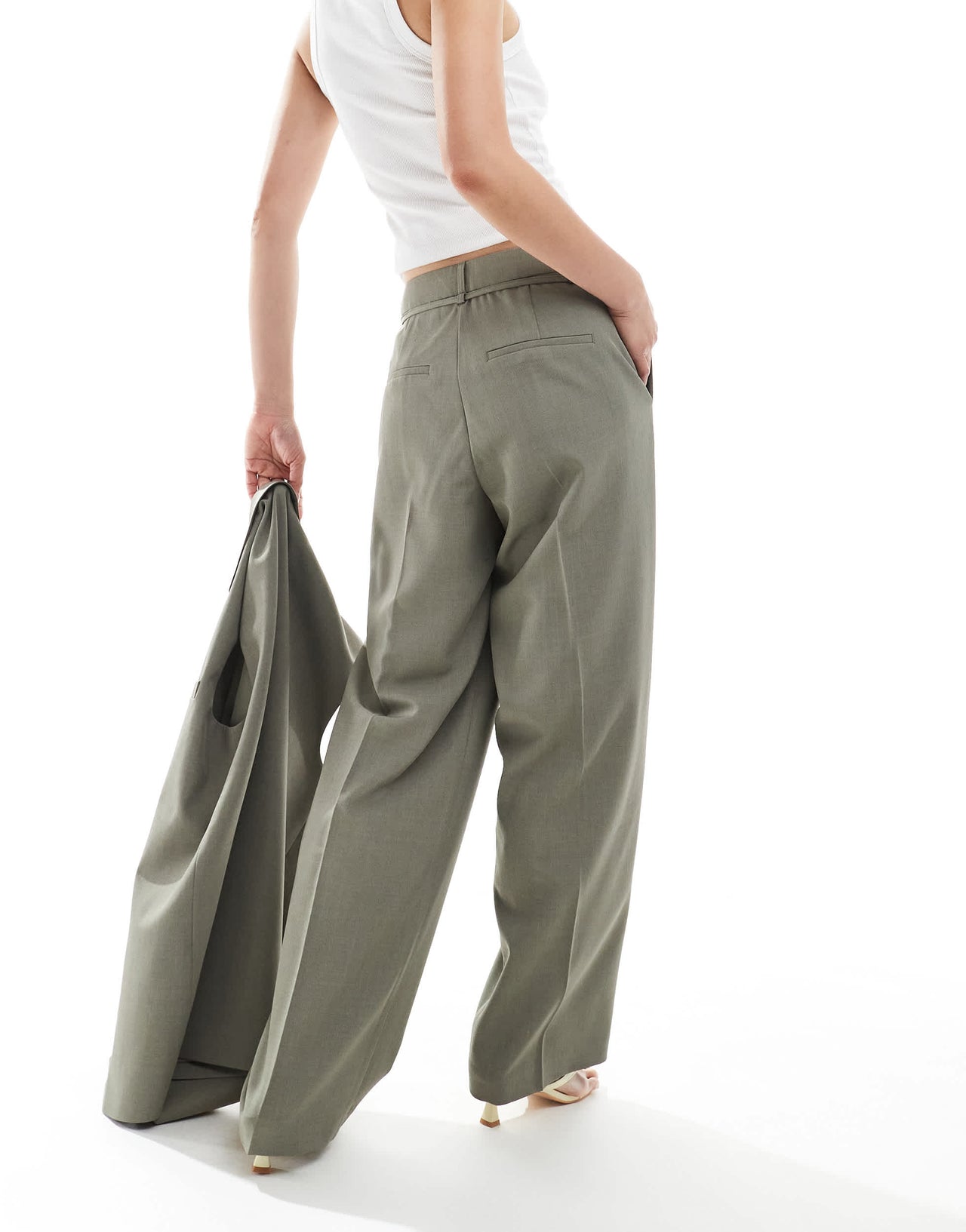 ONLY straight leg tailored trousers co-ord with string detail in sage grey