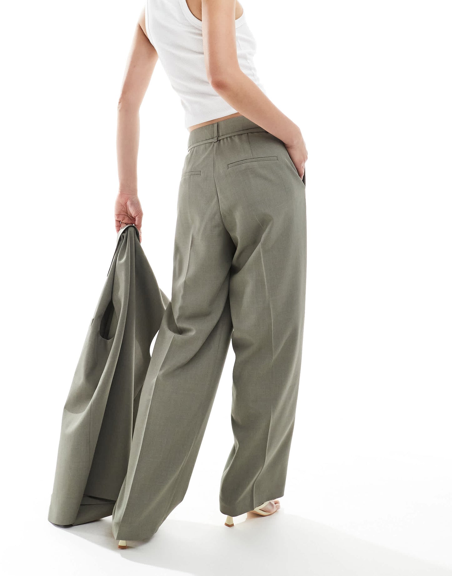 ONLY straight leg tailored trousers co-ord with string detail in sage grey