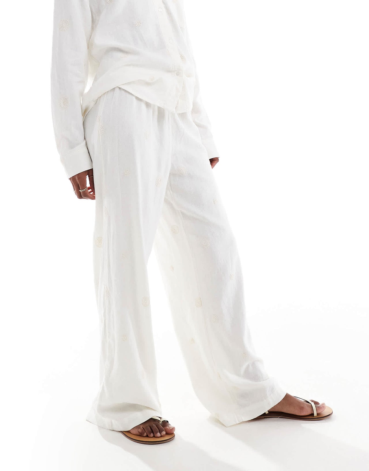 ONLY linen embroidered wide leg pull on trousers co-ord in white