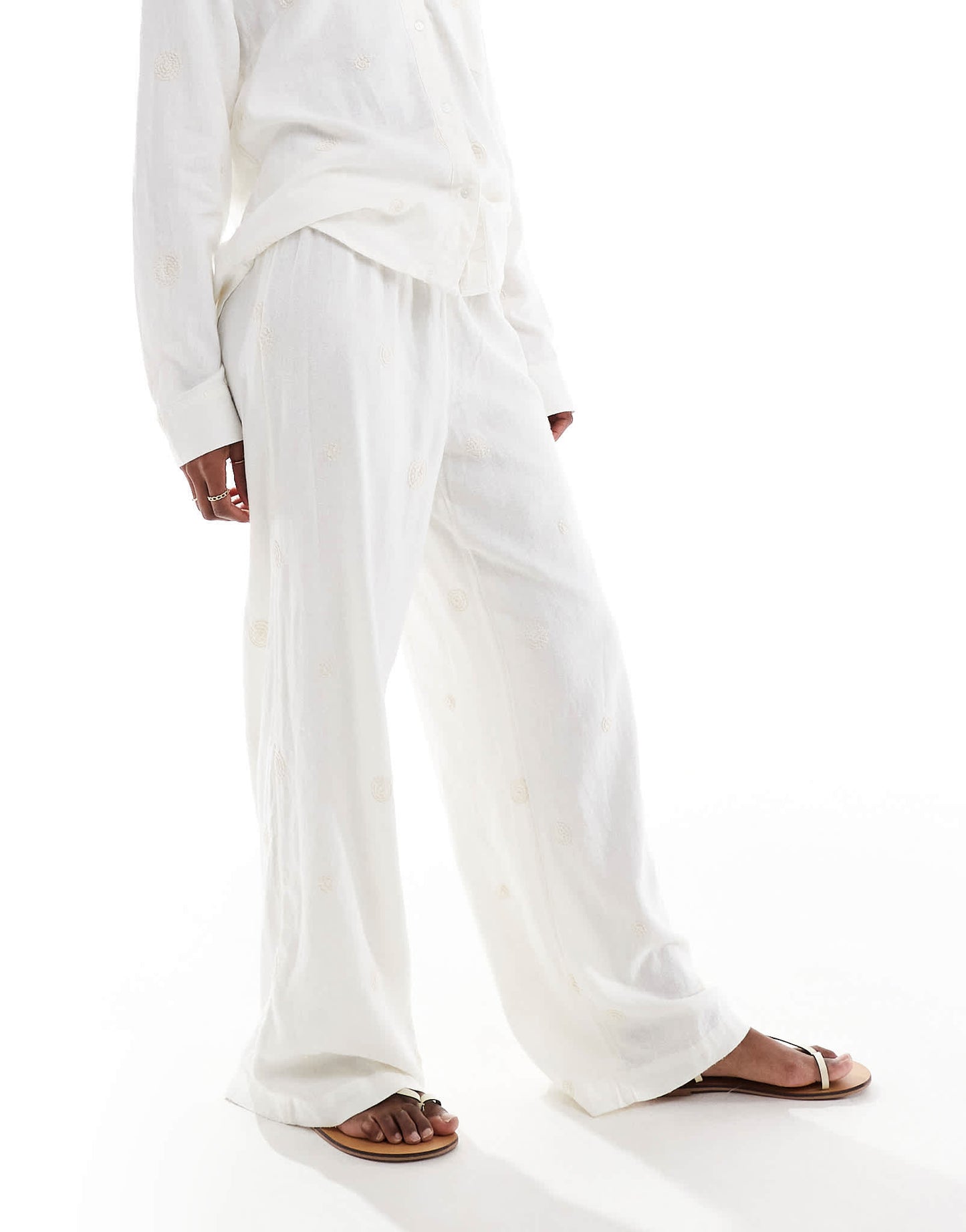 ONLY linen embroidered wide leg pull on trousers co-ord in white