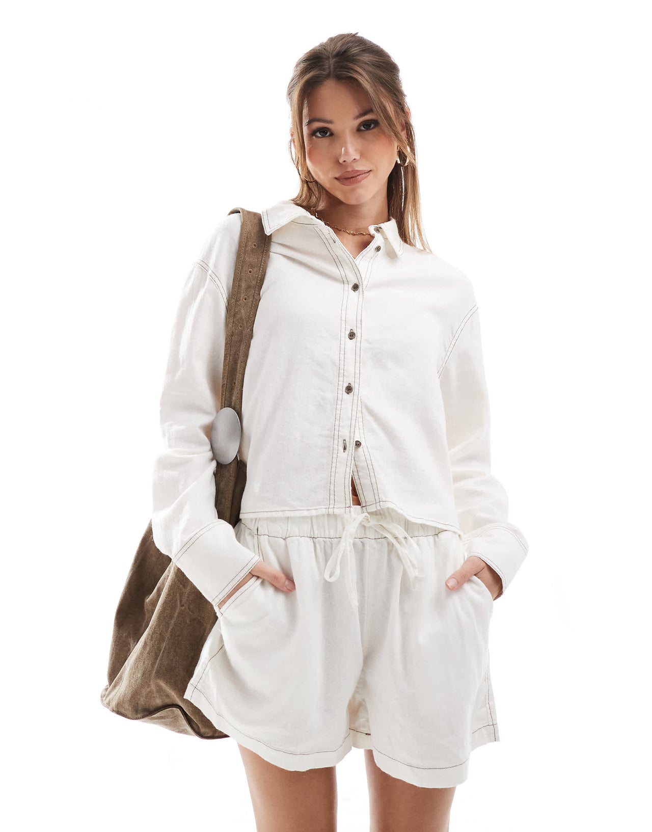 ONLY linen blend cropped shirt co-ord with contrast stitch in white