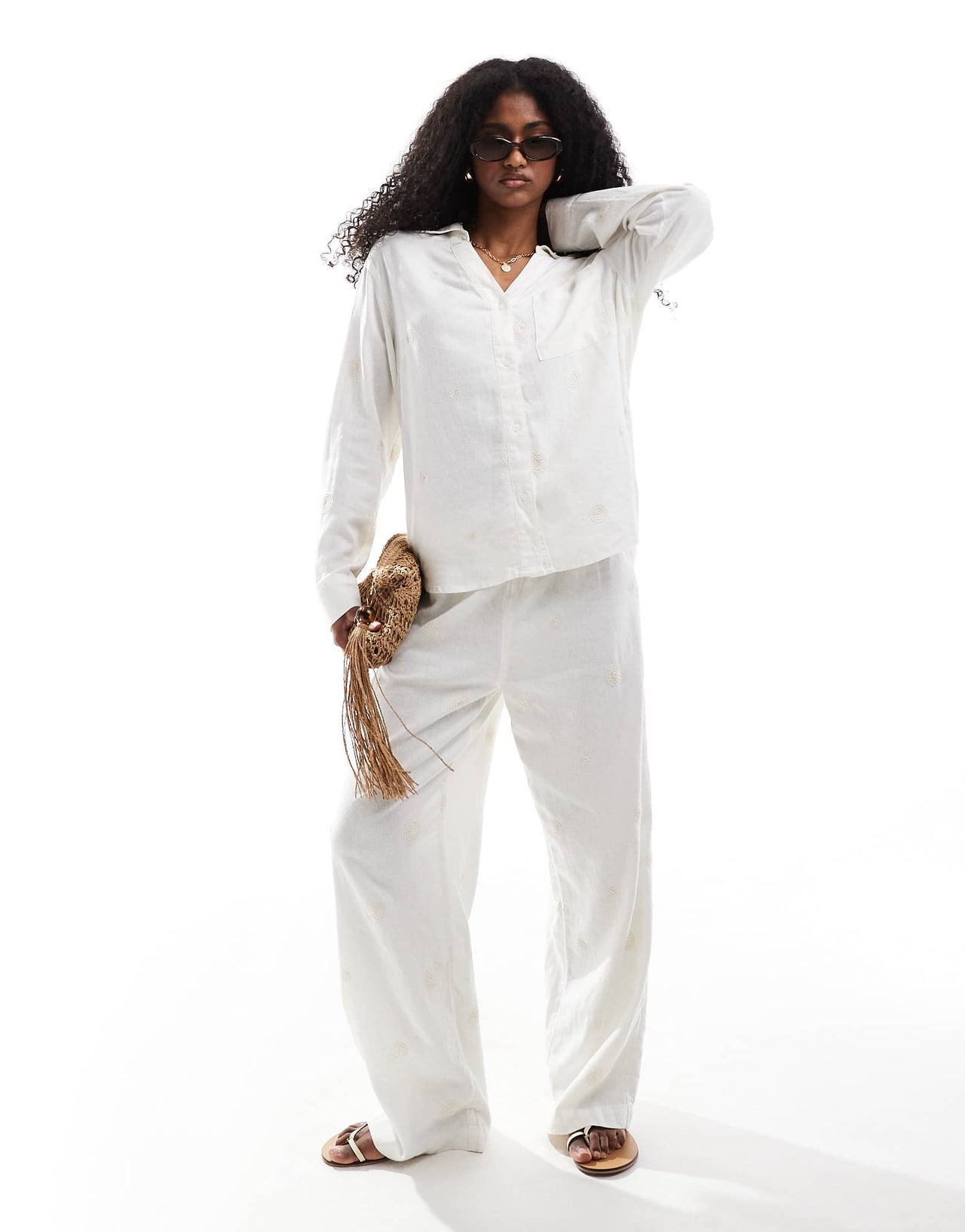 ONLY linen embroidered long sleeve shirt co-ord in white