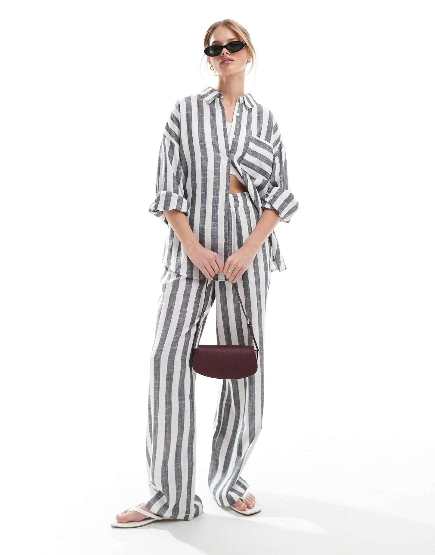 4th & Reckless linen blend oversized beach shirt co-ord in grey & white stripe
