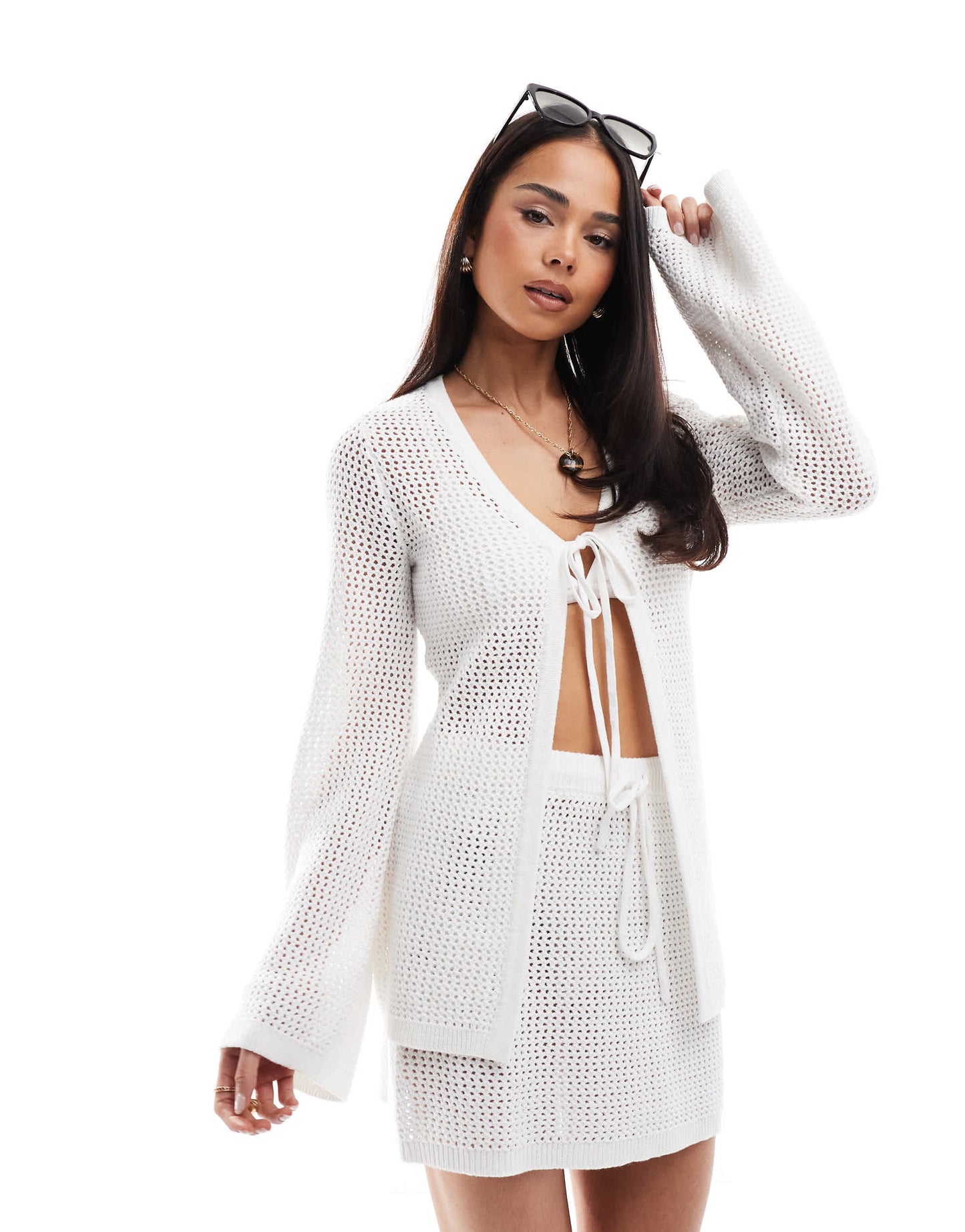 4th & Reckless beach crochet tie front longline top co-ord in white