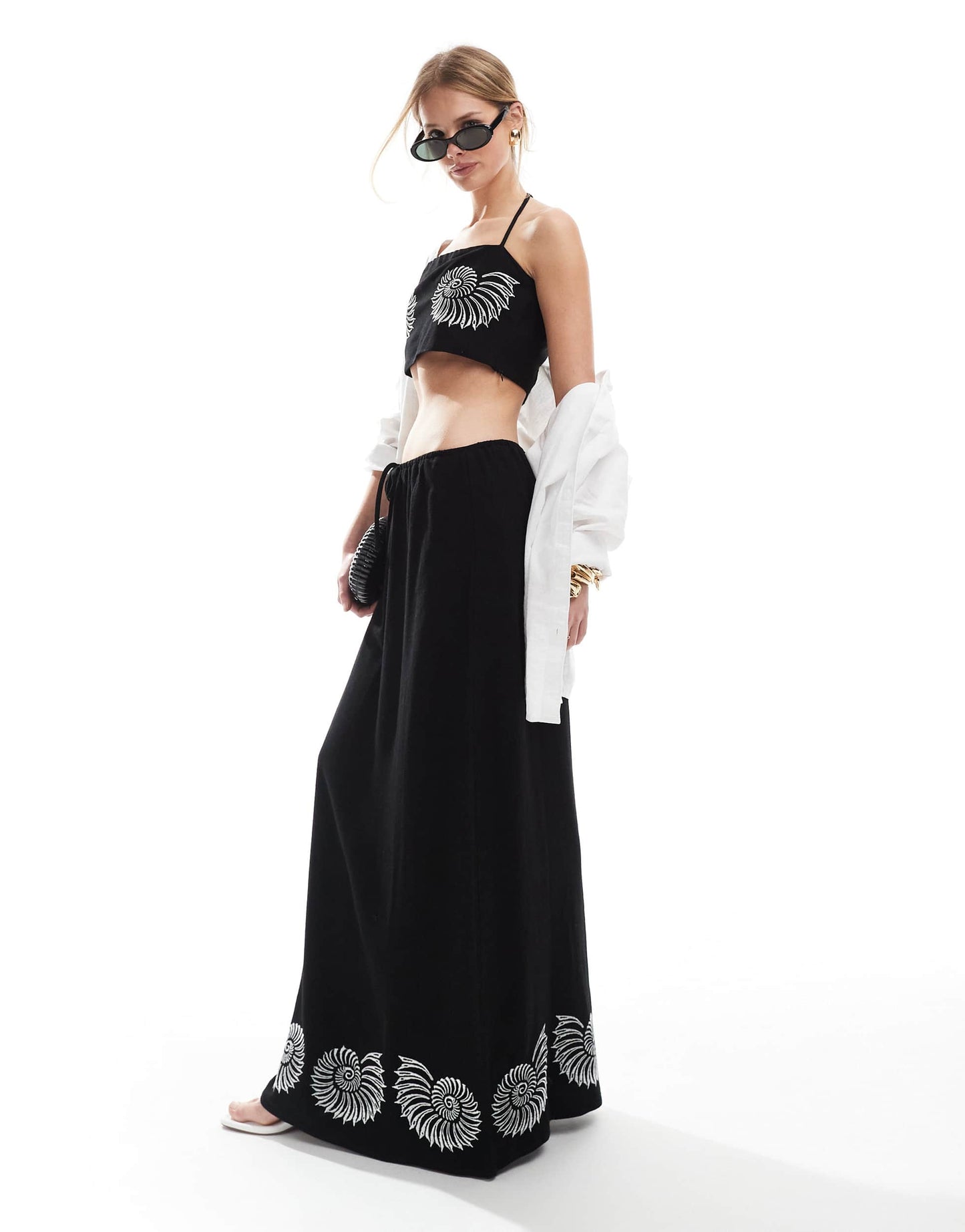 4th & Reckless linen blend embroidered shell detail beach maxi skirt co-ord in black