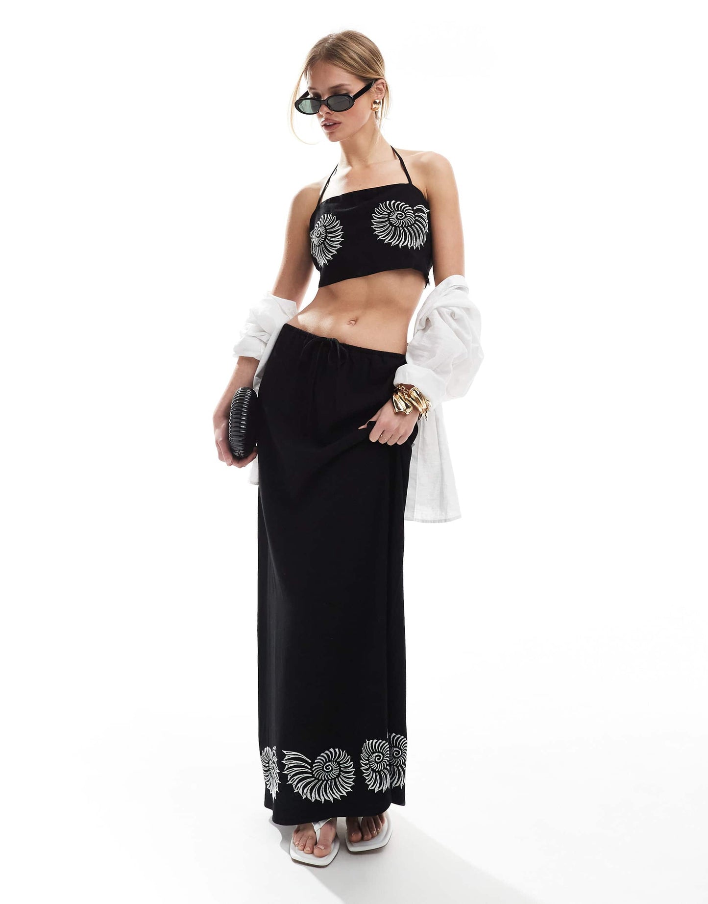 4th & Reckless linen blend square halterneck embroidered shell detail beach crop top co-ord in black