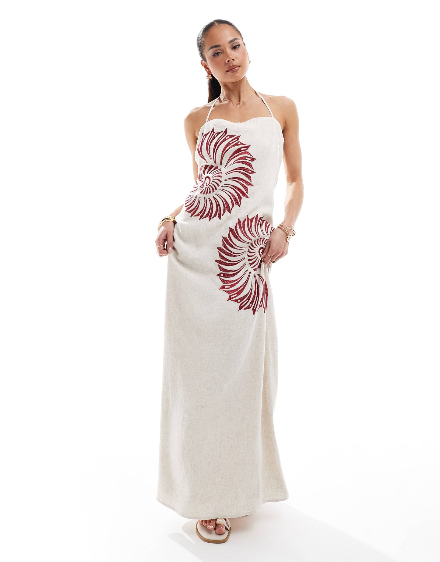 4th&nbsp;& Reckless linen blend brown shell embroidered halterneck&nbsp;maxi dress in beige