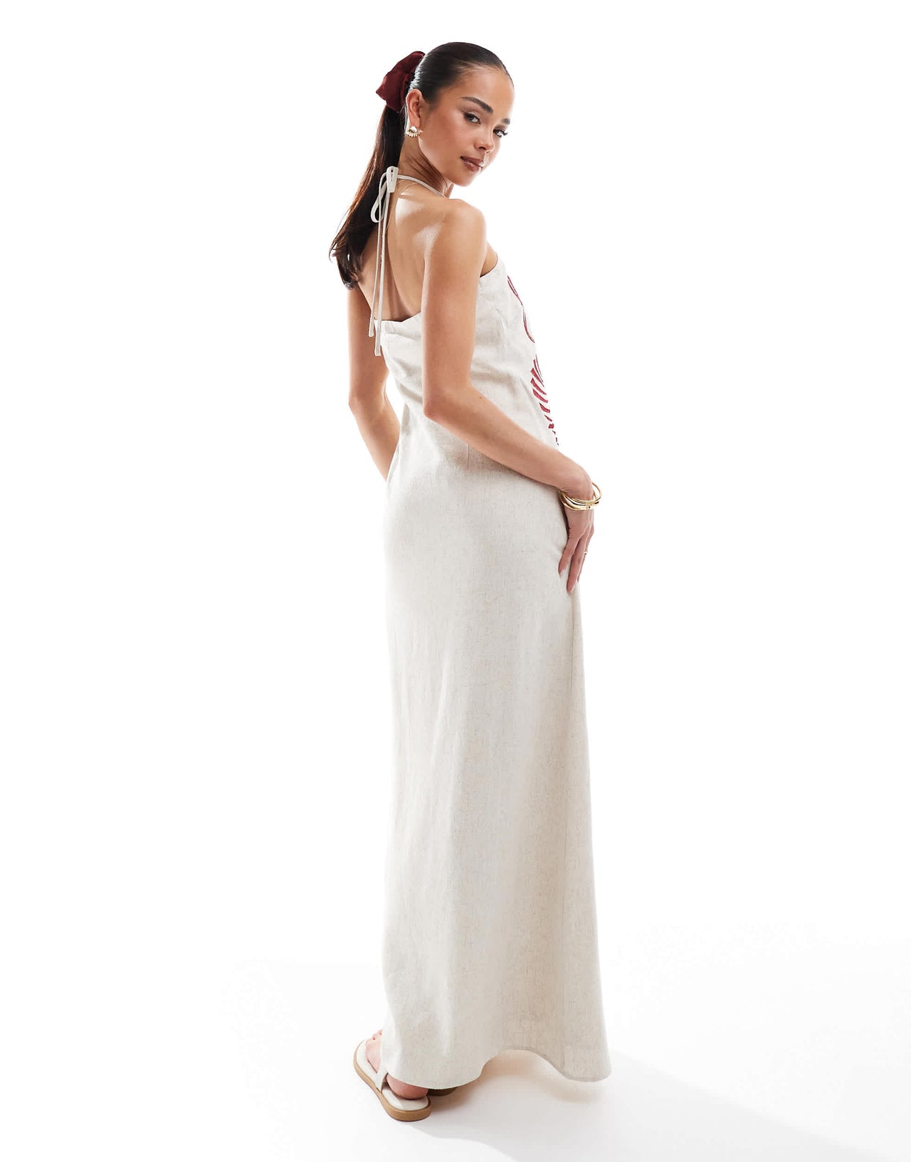 4th&nbsp;& Reckless linen blend brown shell embroidered halterneck&nbsp;maxi dress in beige